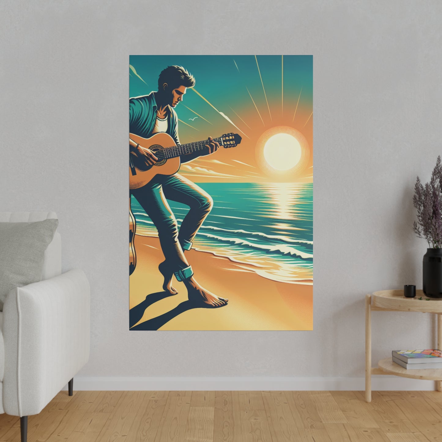 6732K - music art work, musician gift ideas, sunset background, sunset designs, ocean art work, beach art work, guitar art work, guitar player