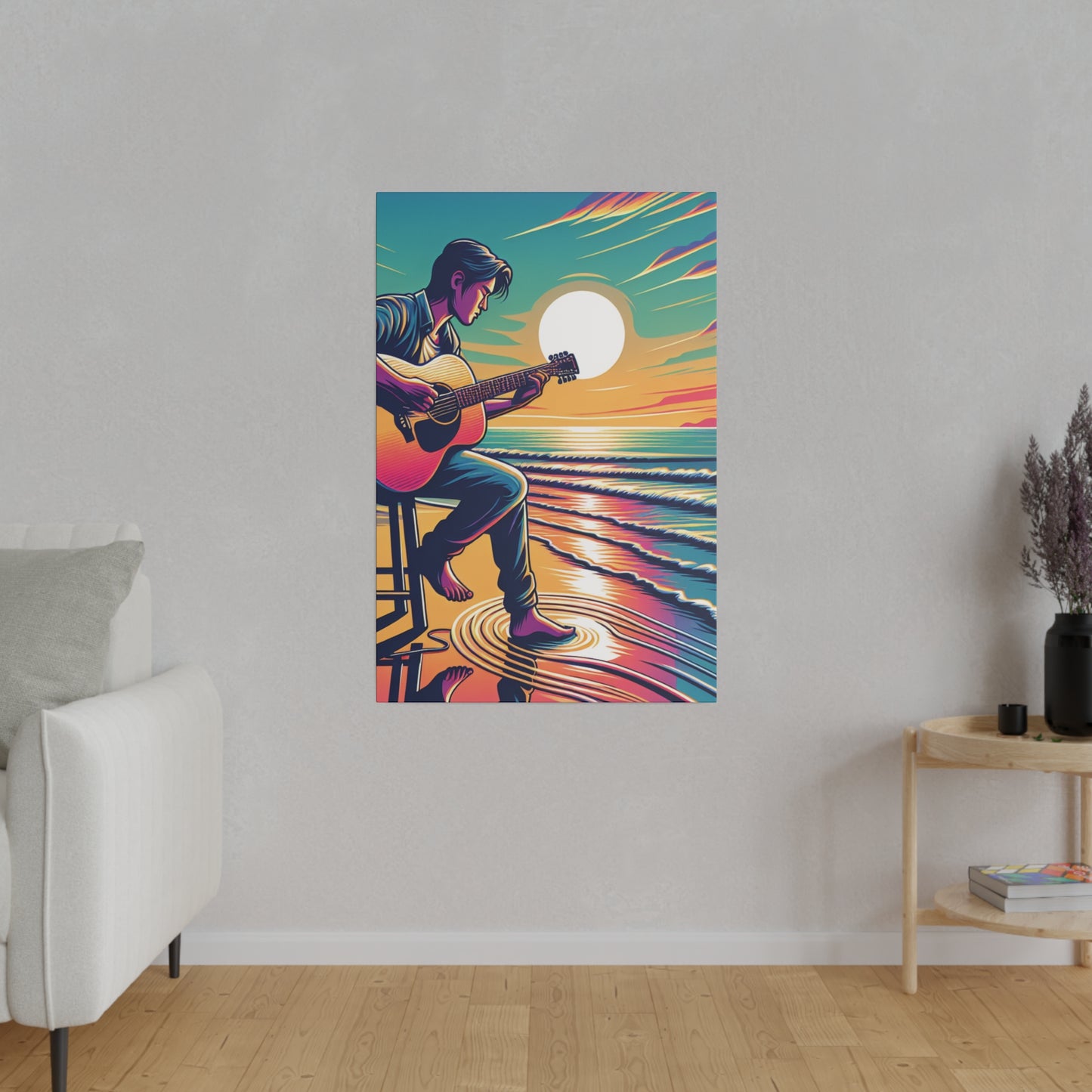 6782B - music art work, musician gift ideas, sunset background, sunset designs, ocean art work, beach art work, guitar art work, guitar player