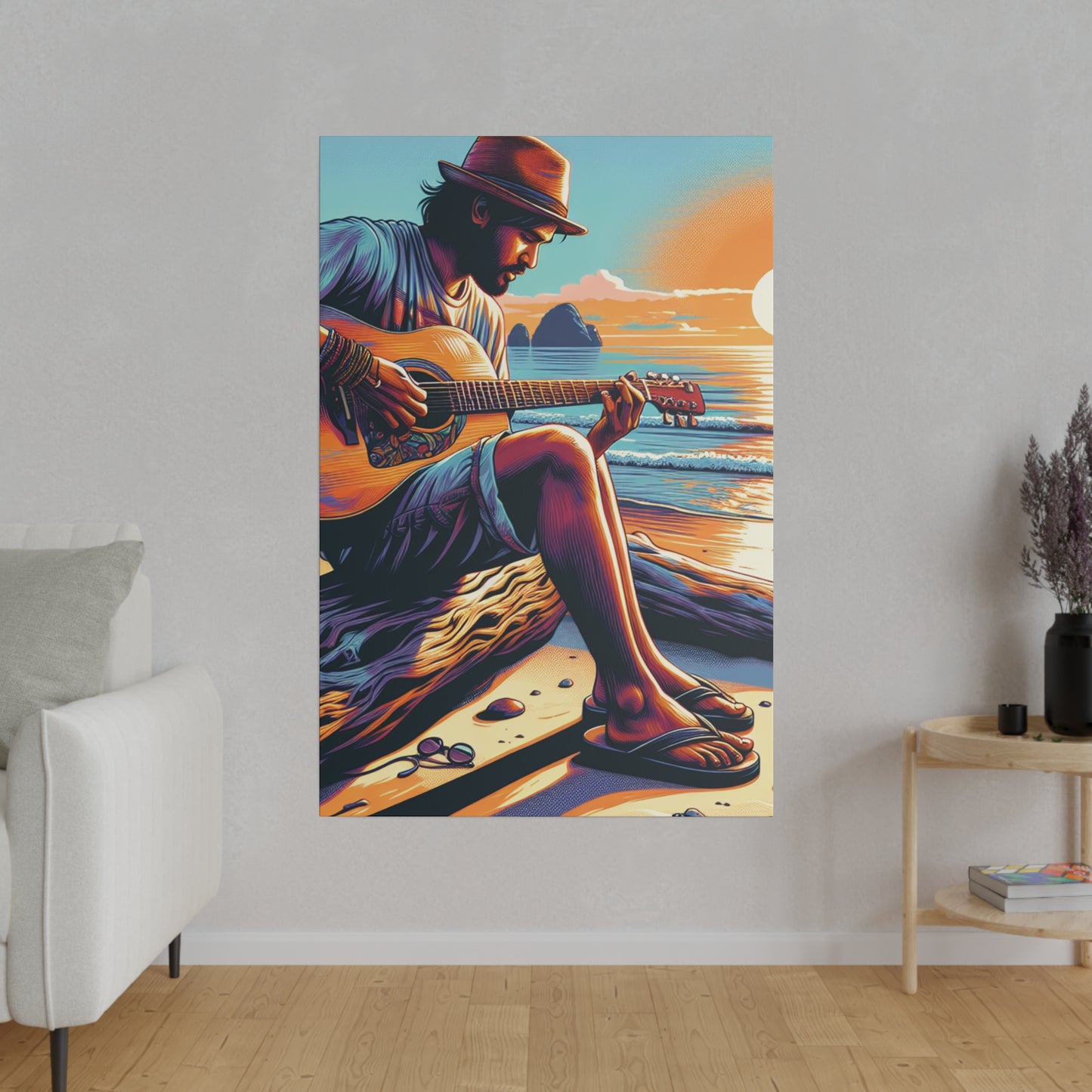 3276K - music art work, musician gift ideas, sunset background, sunset designs, ocean art work, beach art work, guitar art work, guitar player