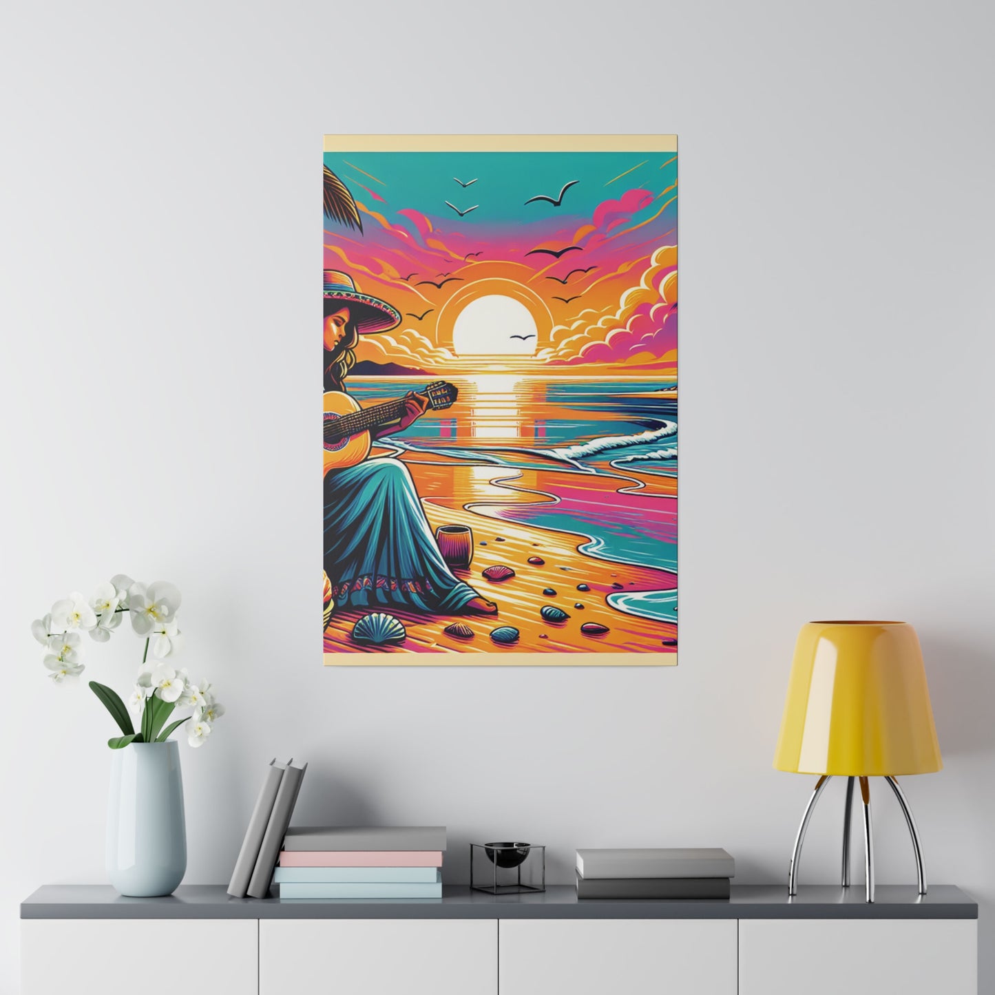 6389M - music art work, musician gift ideas, sunset background, sunset designs, ocean art work, beach art work, guitar art work, guitar player