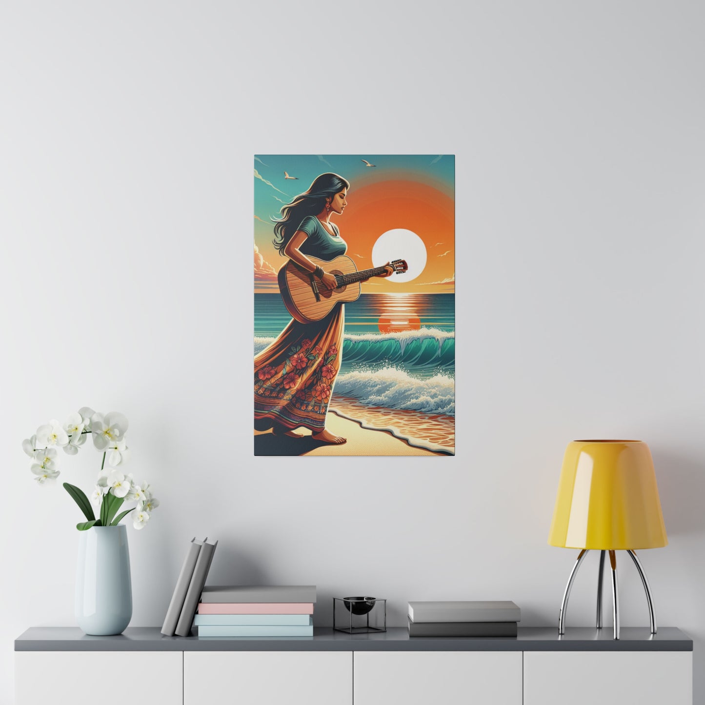 7873X - music art work, musician gift ideas, sunset background, sunset designs, ocean art work, beach art work, guitar art work, guitar player