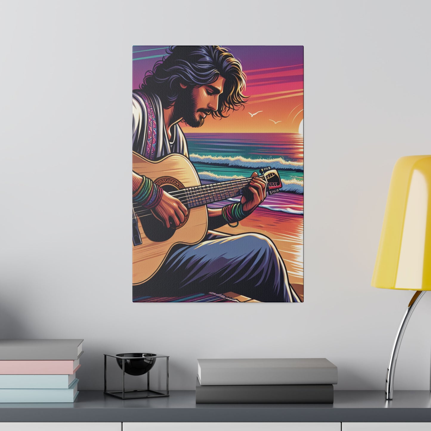 7532C - music art work, musician gift ideas, sunset background, sunset designs, ocean art work, beach art work, guitar art work, guitar player