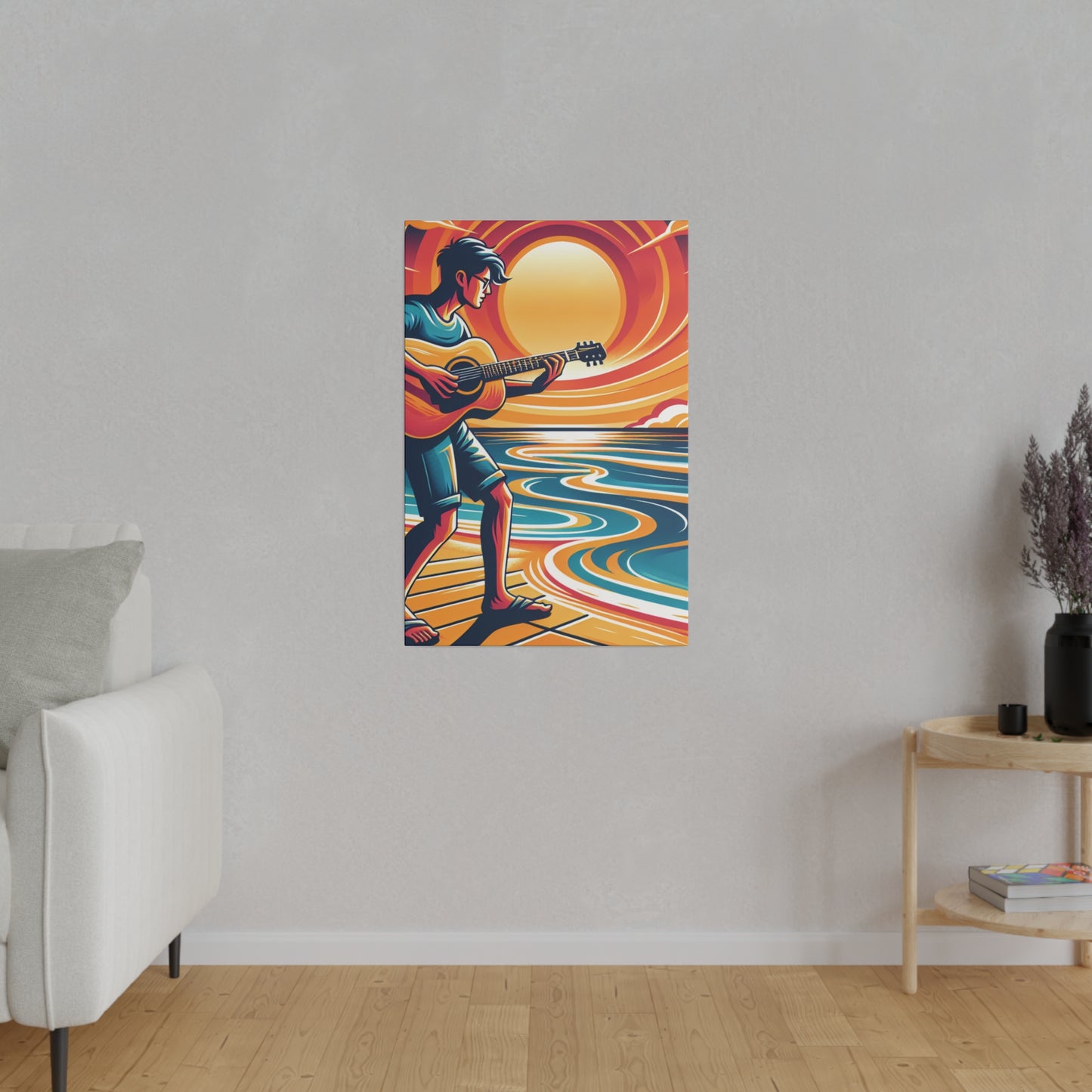 2734B - music art work, musician gift ideas, sunset background, sunset designs, ocean art work, beach art work, guitar art work, guitar player