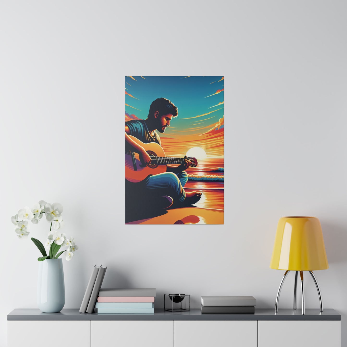 8327K - music art work, musician gift ideas, sunset background, sunset designs, ocean art work, beach art work, guitar art work, guitar player