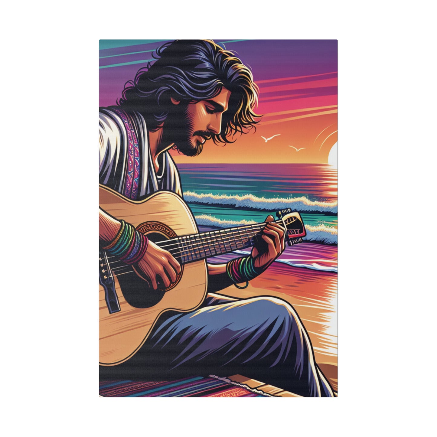 7532C - music art work, musician gift ideas, sunset background, sunset designs, ocean art work, beach art work, guitar art work, guitar player