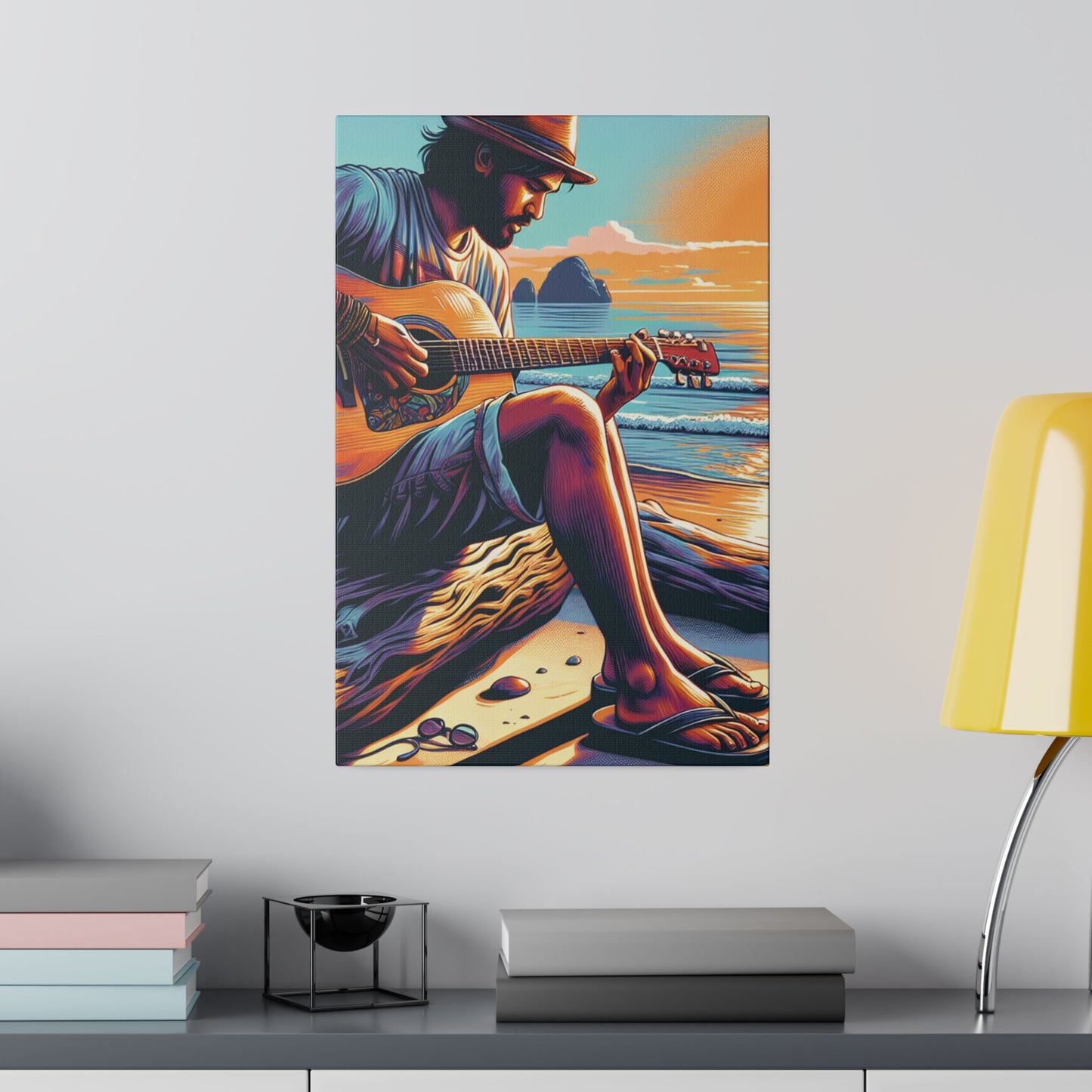 3276K - music art work, musician gift ideas, sunset background, sunset designs, ocean art work, beach art work, guitar art work, guitar player