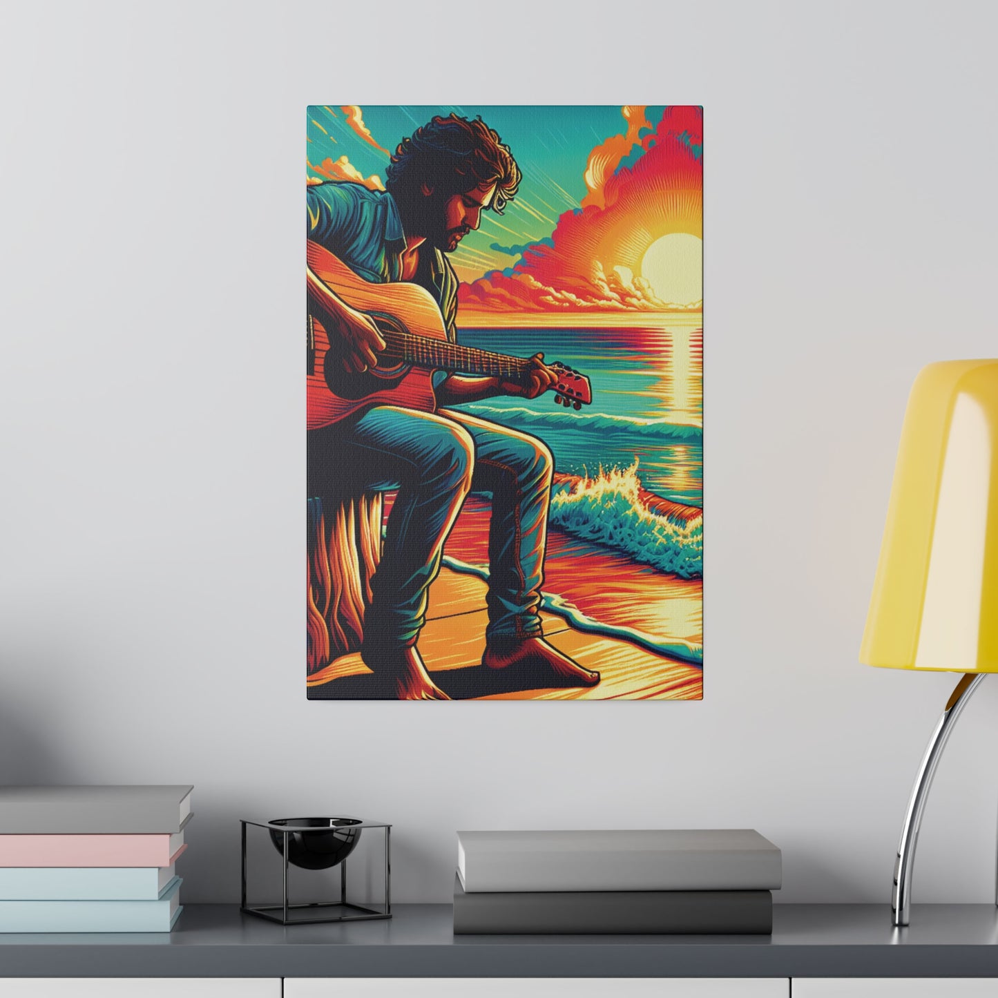 5973Z - music art work, musician gift ideas, sunset background, sunset designs, ocean art work, beach art work, guitar art work, guitar player