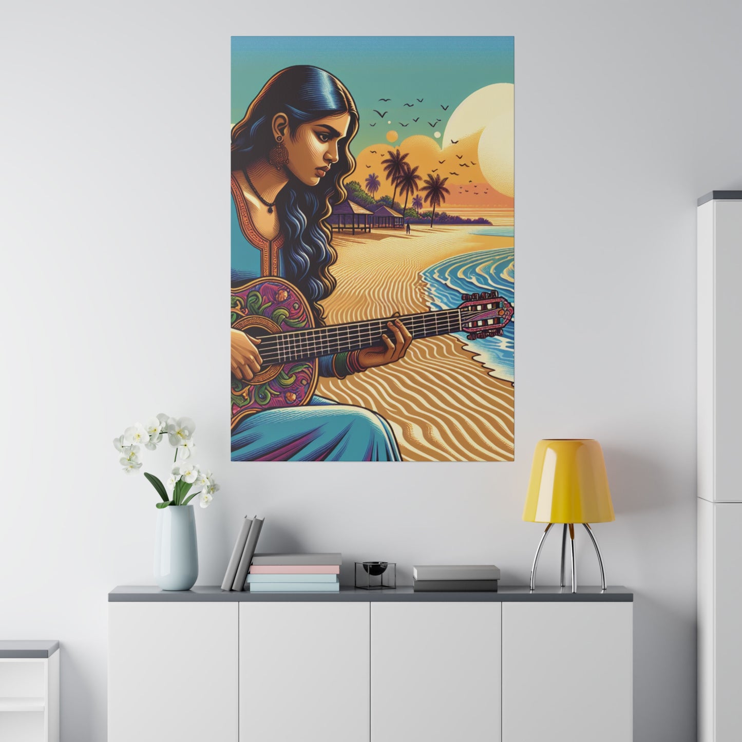 3239B - music art work, musician gift ideas, sunset background, sunset designs, ocean art work, beach art work, guitar art work, guitar player