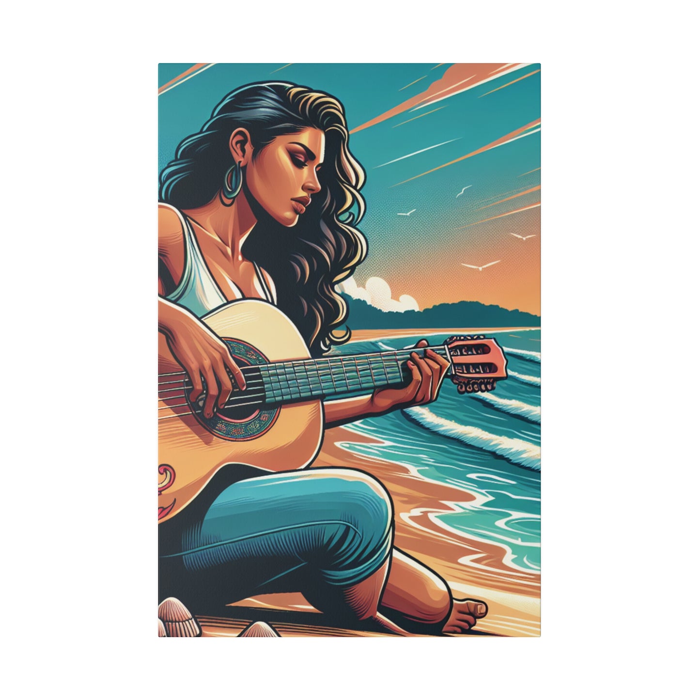 8194M - music art work, musician gift ideas, sunset background, sunset designs, ocean art work, beach art work, guitar art work, guitar player