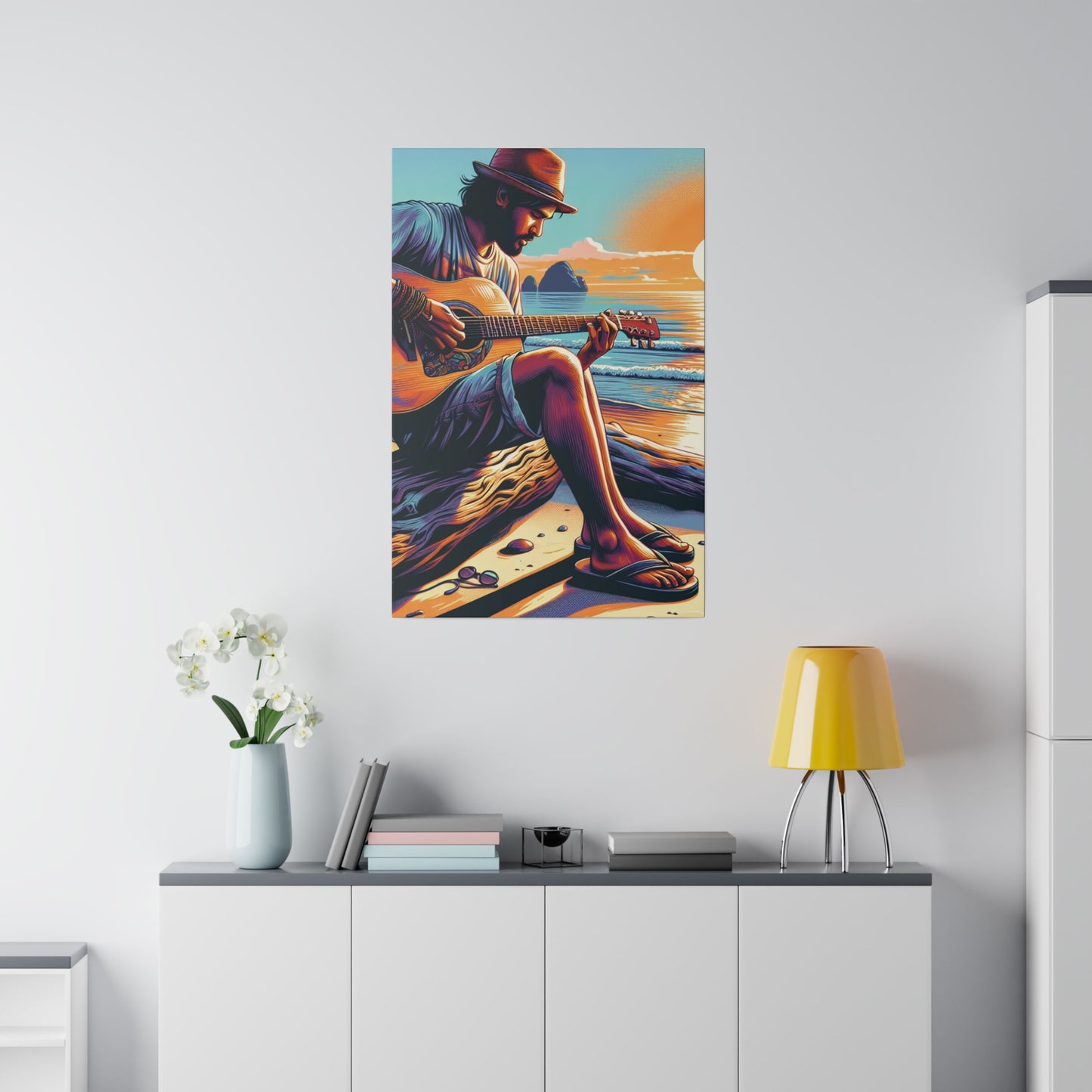 3276K - music art work, musician gift ideas, sunset background, sunset designs, ocean art work, beach art work, guitar art work, guitar player