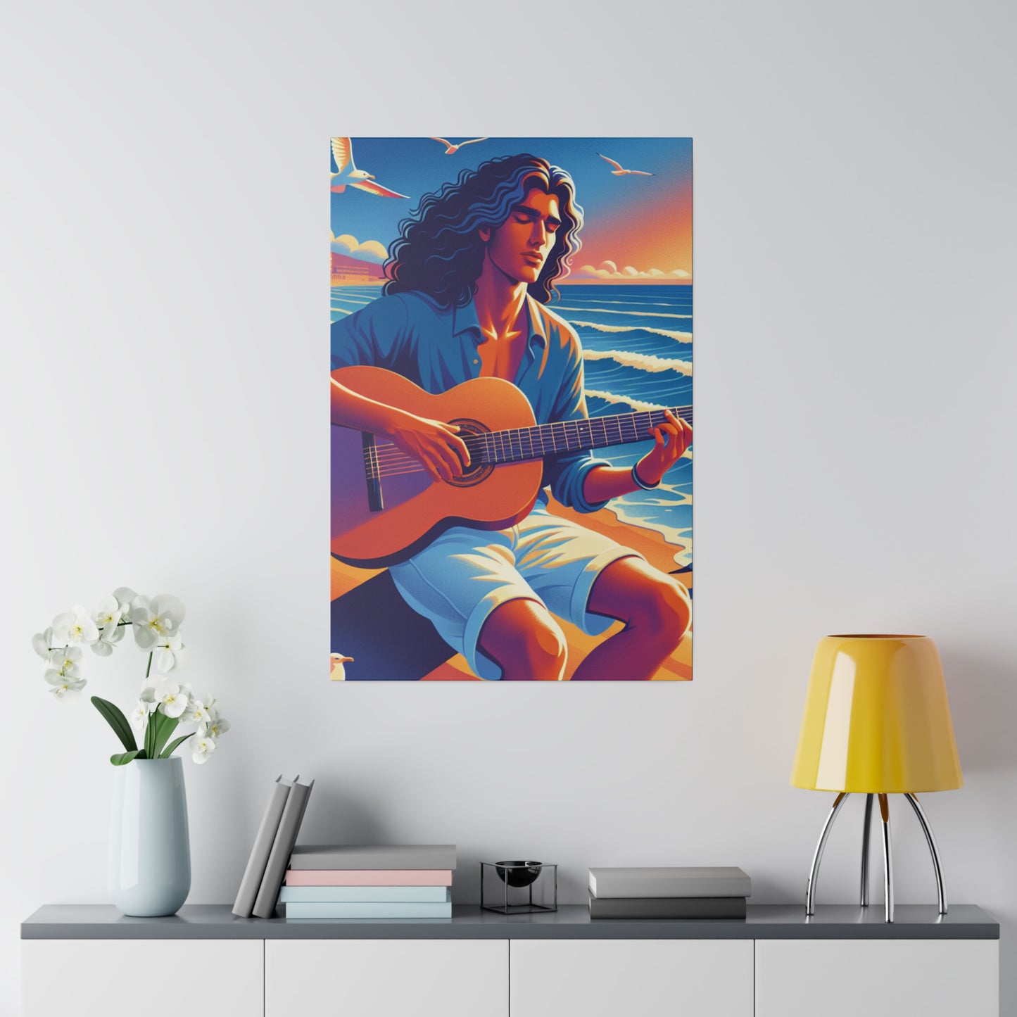 3672K - music art work, musician gift ideas, sunset background, sunset designs, ocean art work, beach art work, guitar art work, guitar player