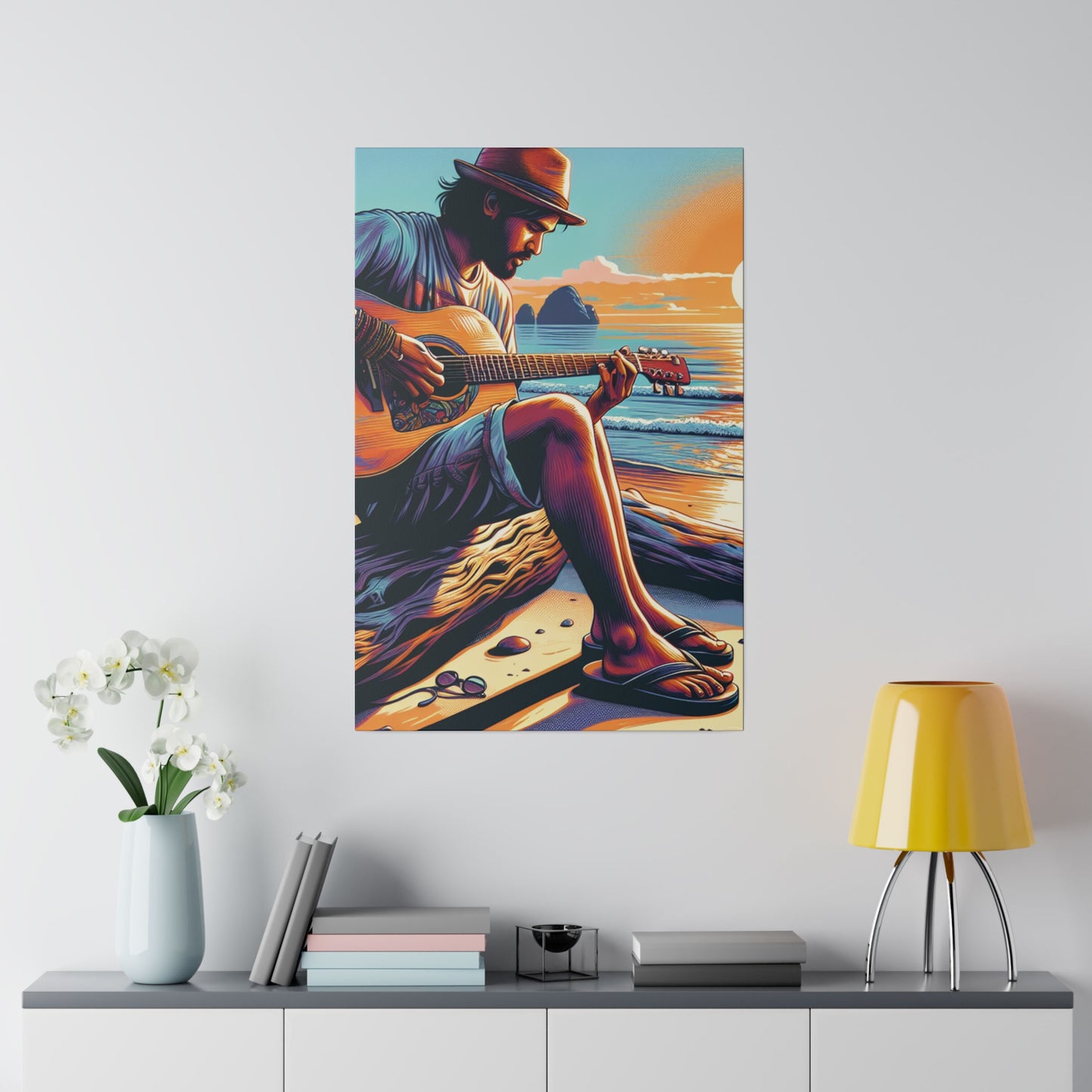 3276K - music art work, musician gift ideas, sunset background, sunset designs, ocean art work, beach art work, guitar art work, guitar player