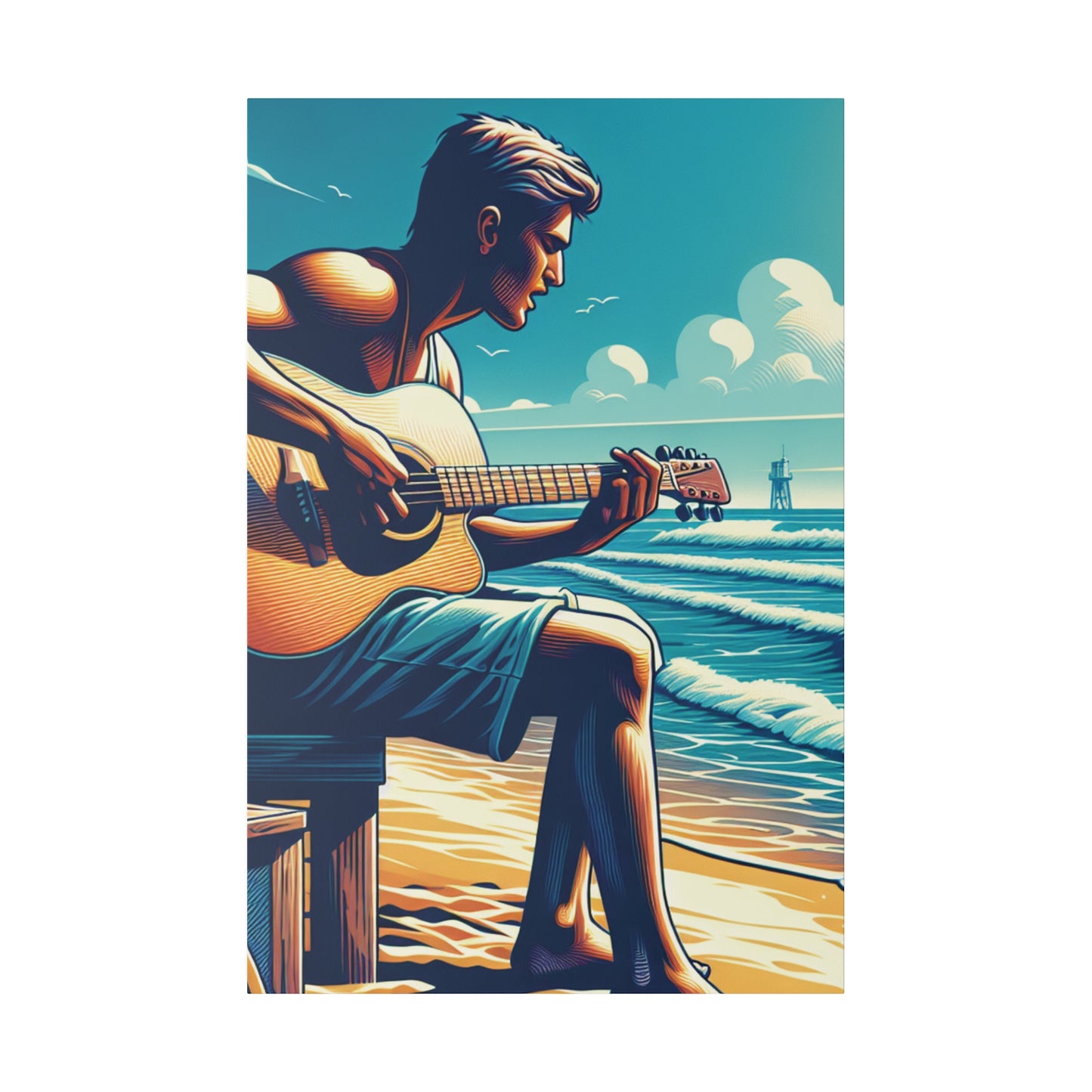 7824D - music art work, musician gift ideas, sunset background, sunset designs, ocean art work, beach art work, guitar art work, guitar player