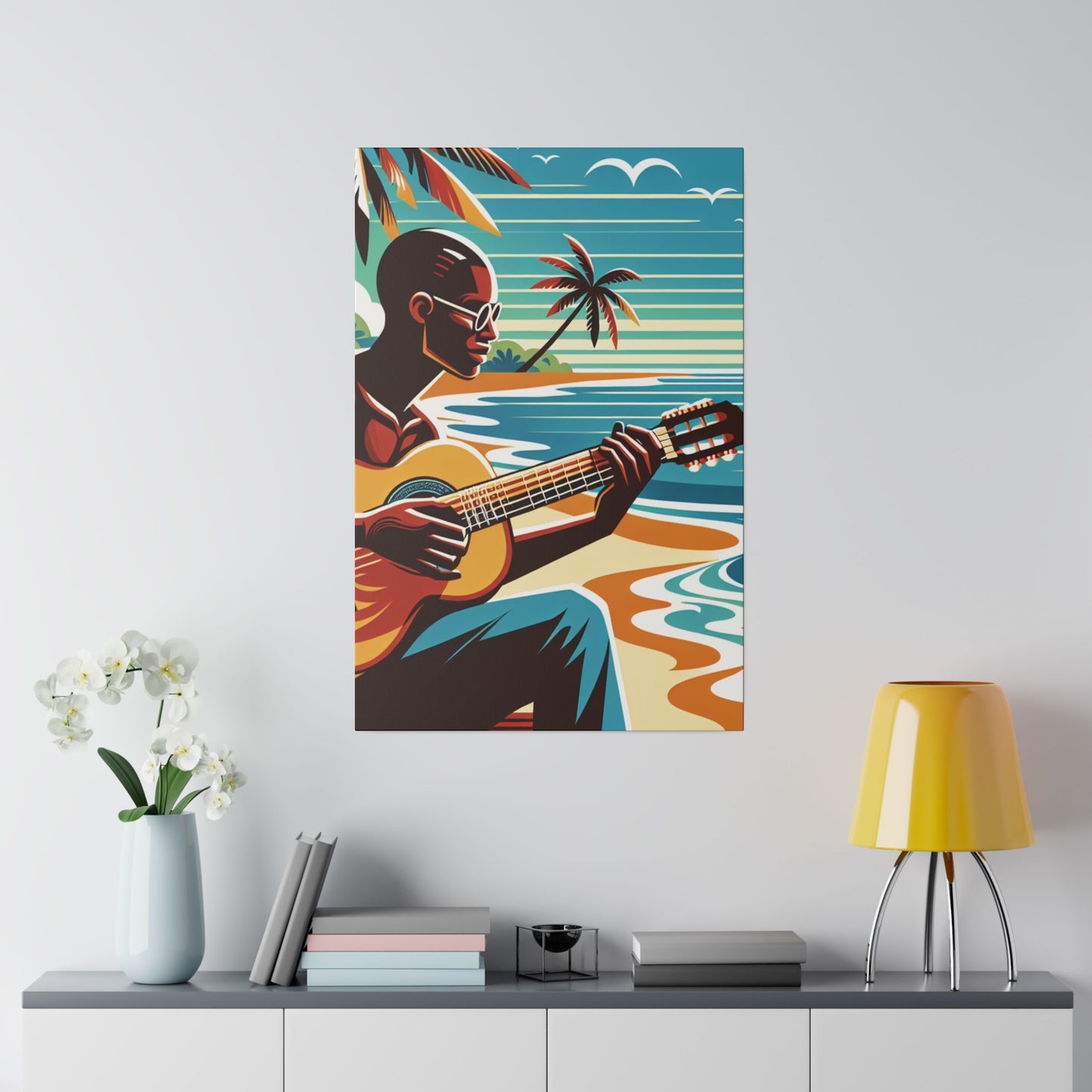 3491D - music art work, musician gift ideas, sunset background, sunset designs, ocean art work, beach art work, guitar art work, guitar player