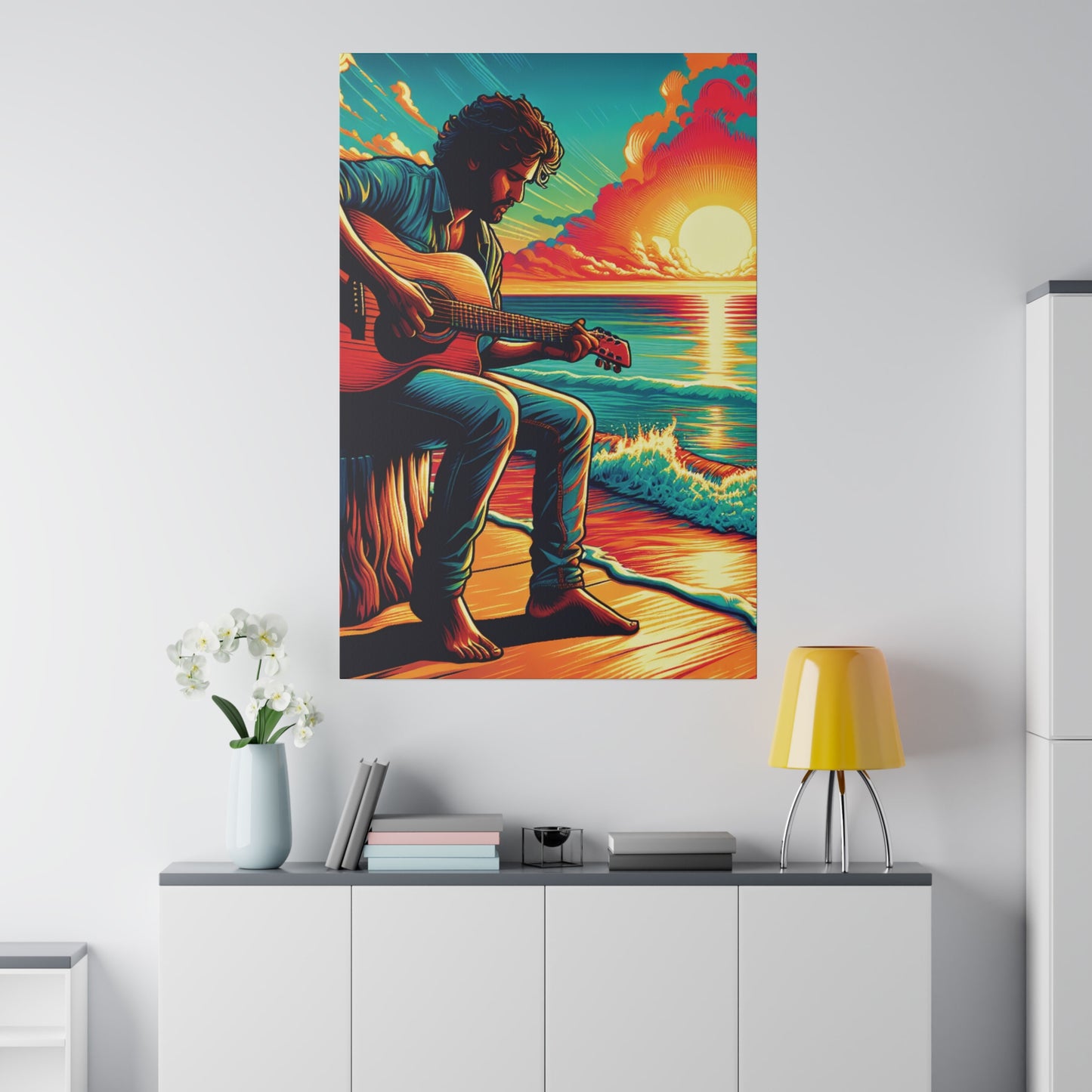 5973Z - music art work, musician gift ideas, sunset background, sunset designs, ocean art work, beach art work, guitar art work, guitar player