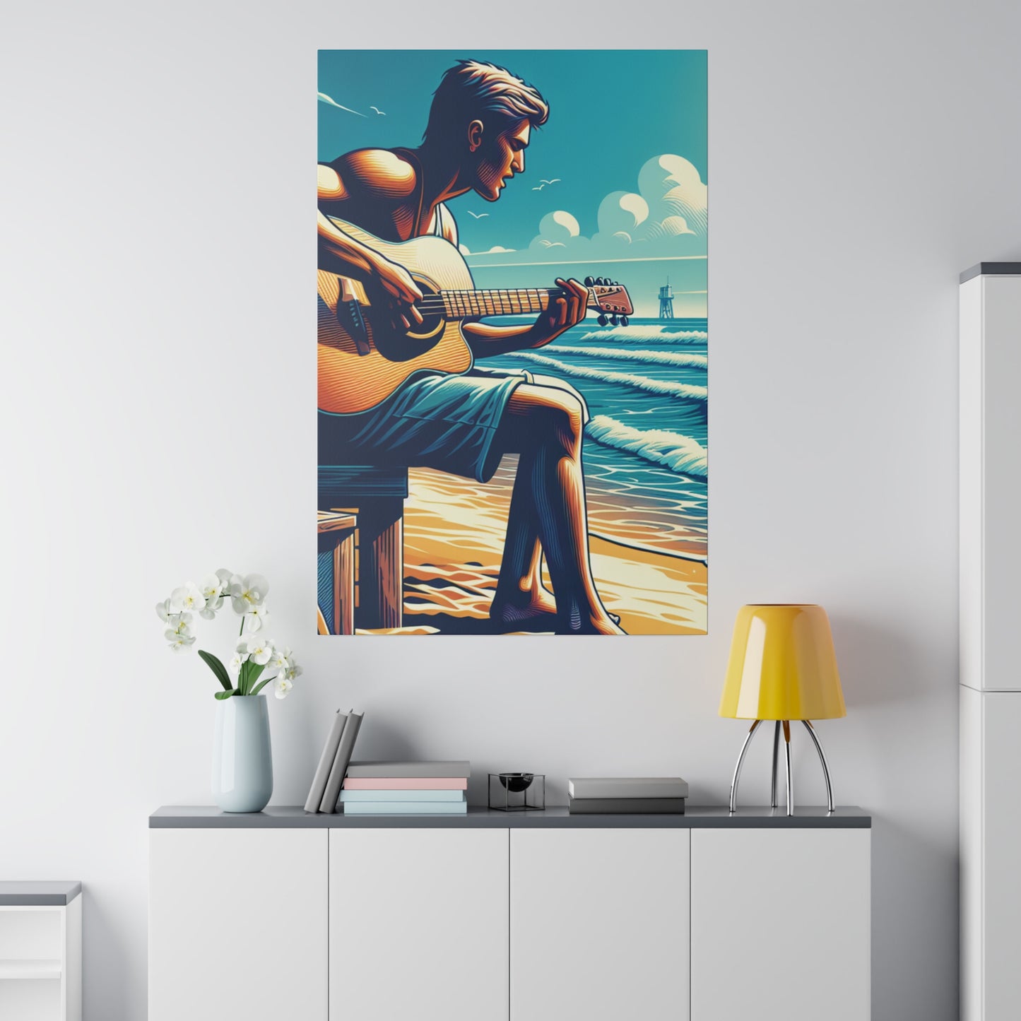 7824D - music art work, musician gift ideas, sunset background, sunset designs, ocean art work, beach art work, guitar art work, guitar player