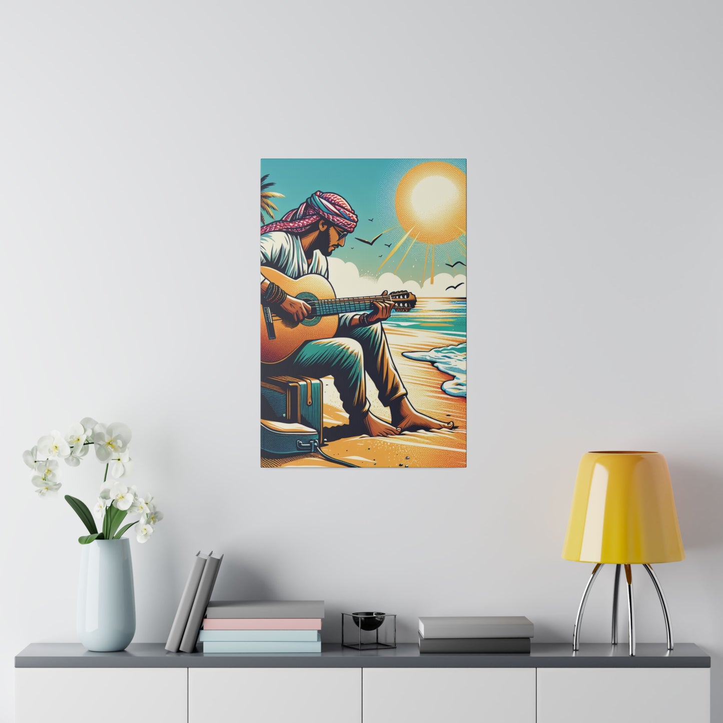 7492B - music art work, musician gift ideas, sunset background, sunset designs, ocean art work, beach art work, guitar art work, guitar player