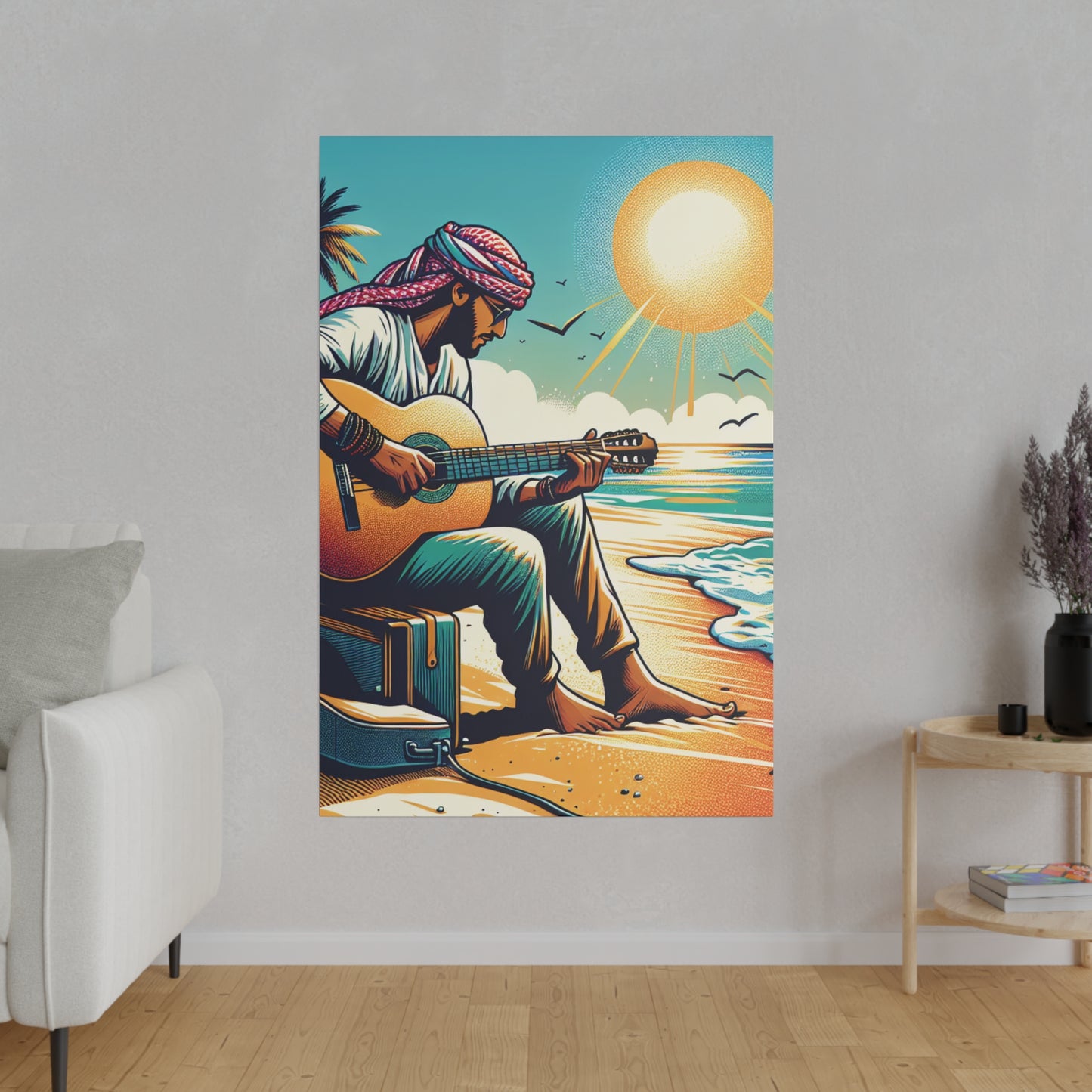 7492B - music art work, musician gift ideas, sunset background, sunset designs, ocean art work, beach art work, guitar art work, guitar player