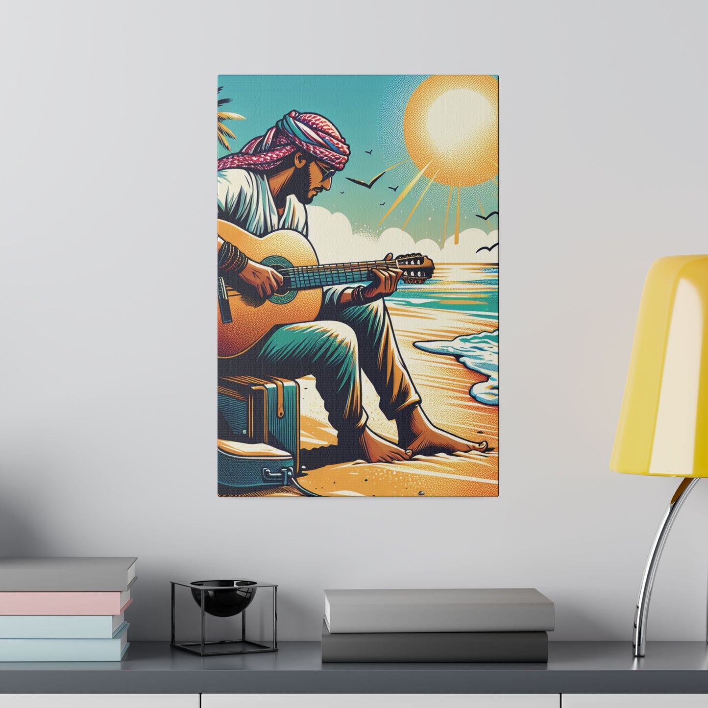 7492B - music art work, musician gift ideas, sunset background, sunset designs, ocean art work, beach art work, guitar art work, guitar player