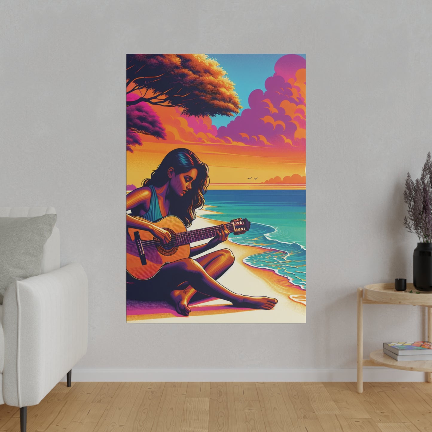 5709K - music art work, musician gift ideas, sunset background, sunset designs, ocean art work, beach art work, guitar art work, guitar player