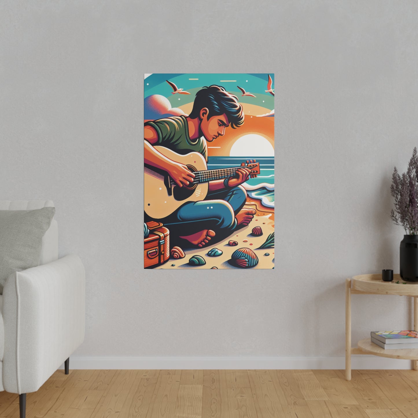 5287K - music art work, musician gift ideas, sunset background, sunset designs, ocean art work, beach art work, guitar art work, guitar player