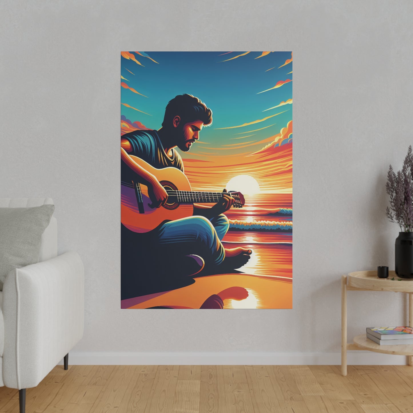 8327K - music art work, musician gift ideas, sunset background, sunset designs, ocean art work, beach art work, guitar art work, guitar player