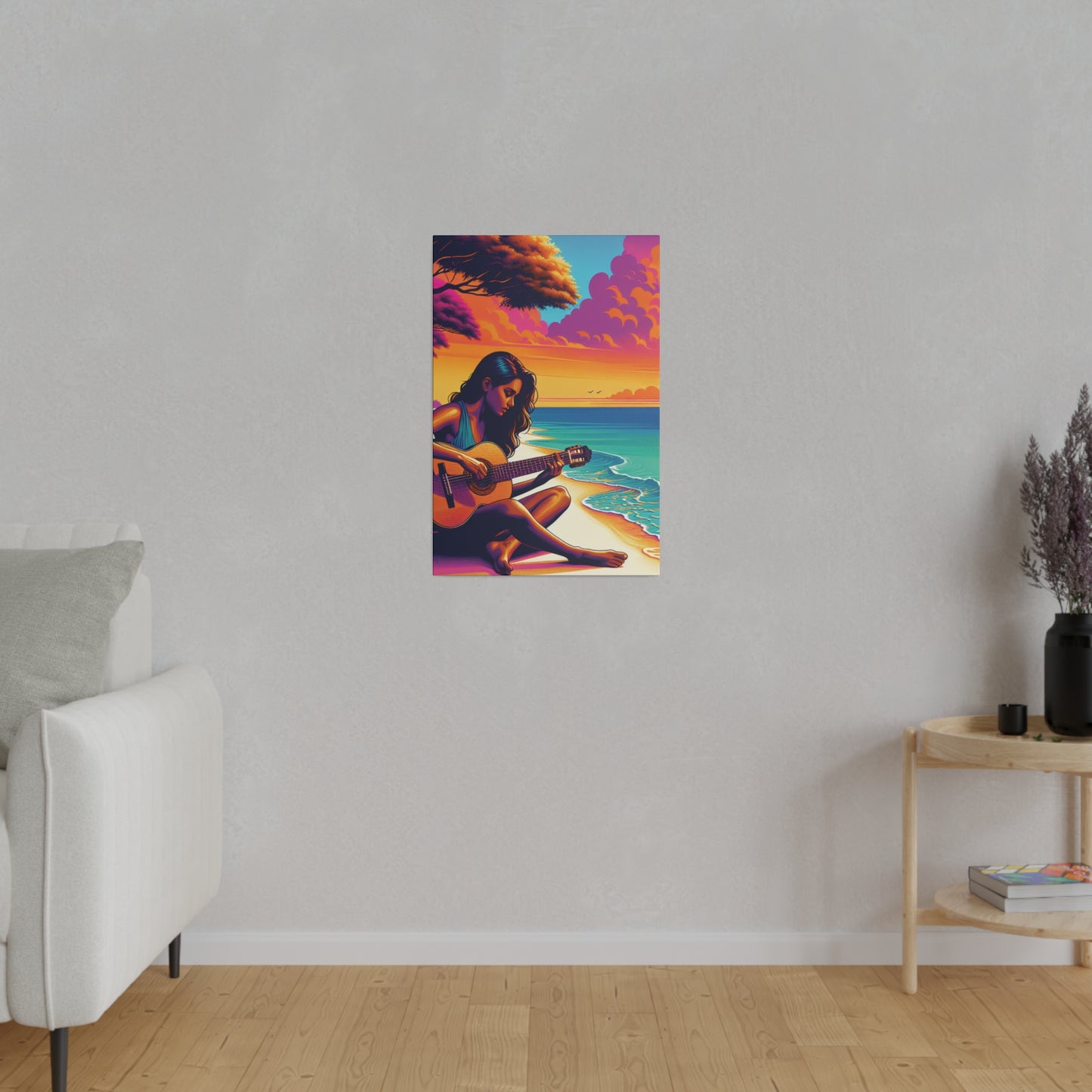 5709K - music art work, musician gift ideas, sunset background, sunset designs, ocean art work, beach art work, guitar art work, guitar player