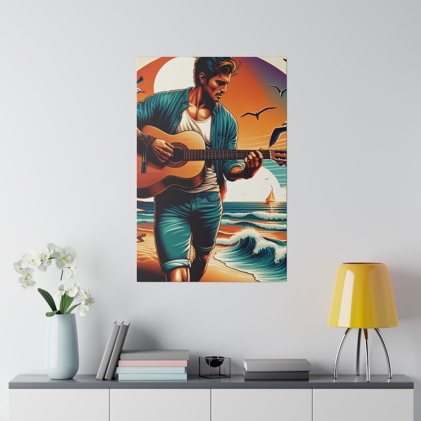 5372K - music art work, musician gift ideas, sunset background, sunset designs, ocean art work, beach art work, guitar art work, guitar player