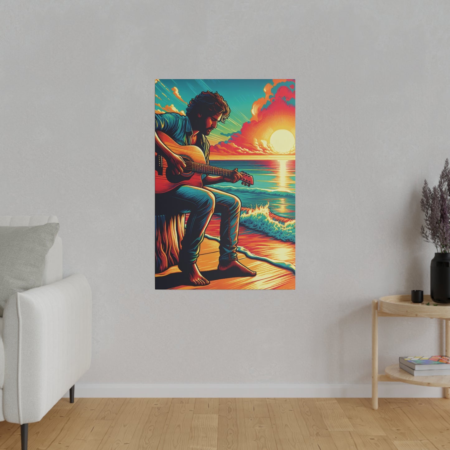 5973Z - music art work, musician gift ideas, sunset background, sunset designs, ocean art work, beach art work, guitar art work, guitar player