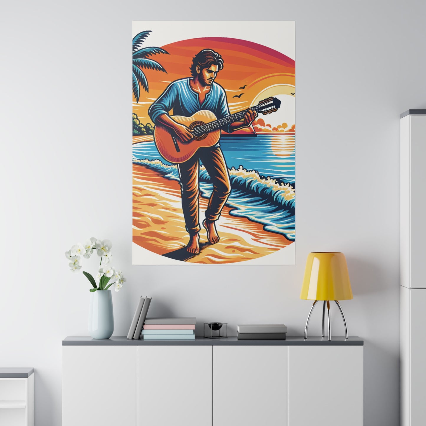 5493Z - music art work, musician gift ideas, sunset background, sunset designs, ocean art work, beach art work, guitar art work, guitar player