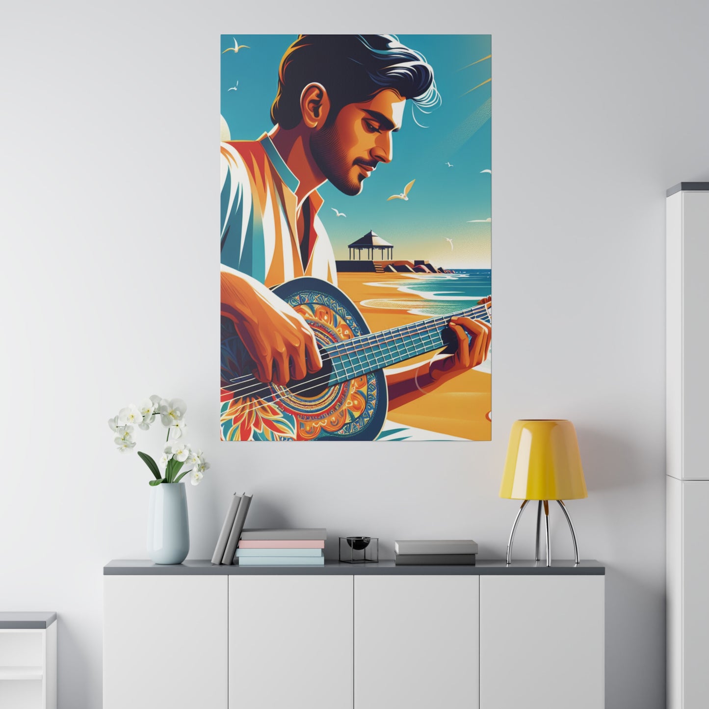 3287Z - music art work, musician gift ideas, sunset background, sunset designs, ocean art work, beach art work, guitar art work, guitar player