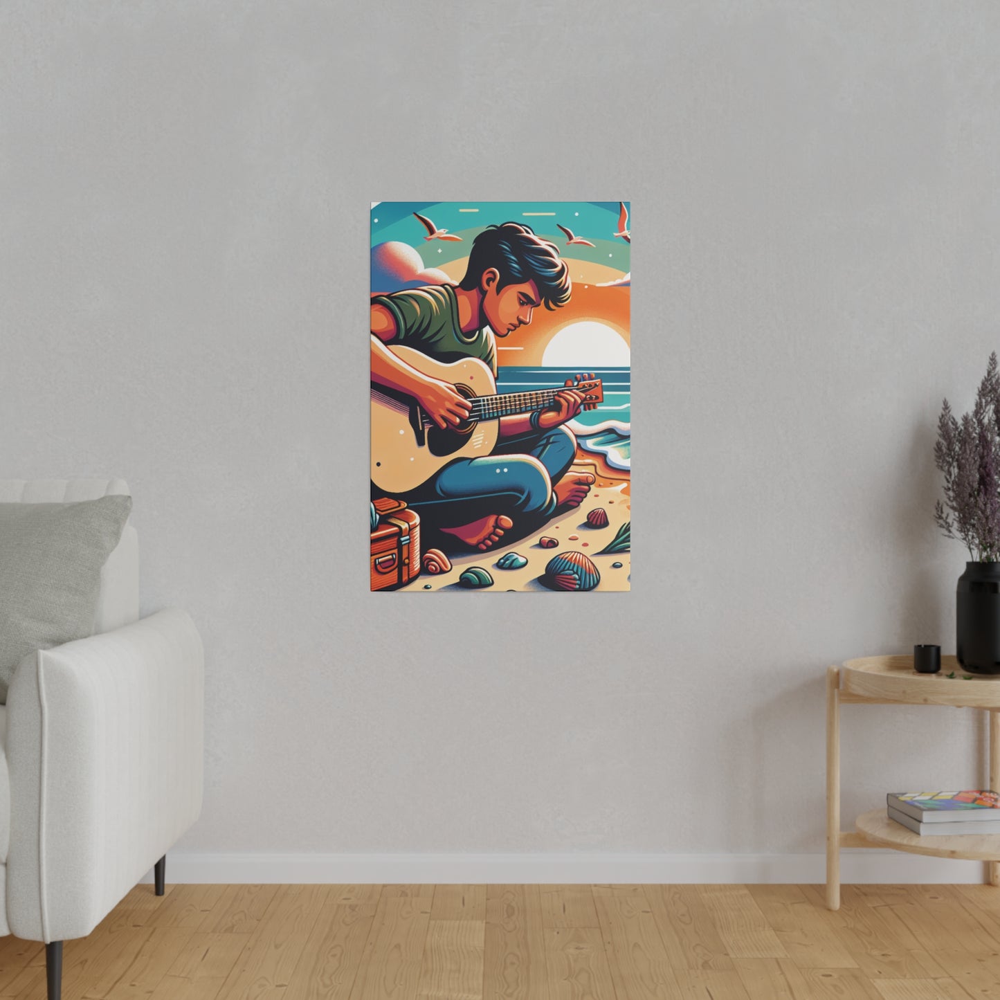 5287K - music art work, musician gift ideas, sunset background, sunset designs, ocean art work, beach art work, guitar art work, guitar player