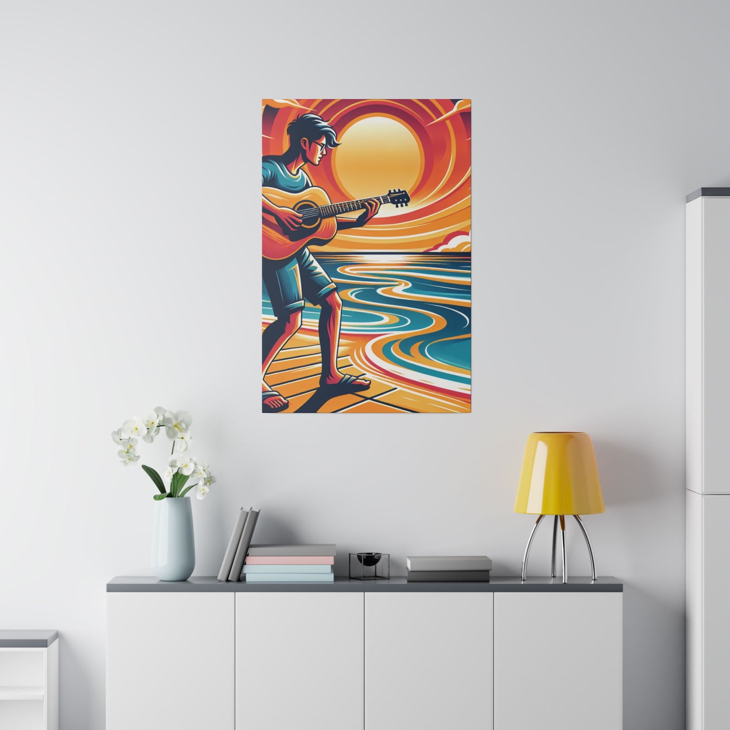 2734B - music art work, musician gift ideas, sunset background, sunset designs, ocean art work, beach art work, guitar art work, guitar player