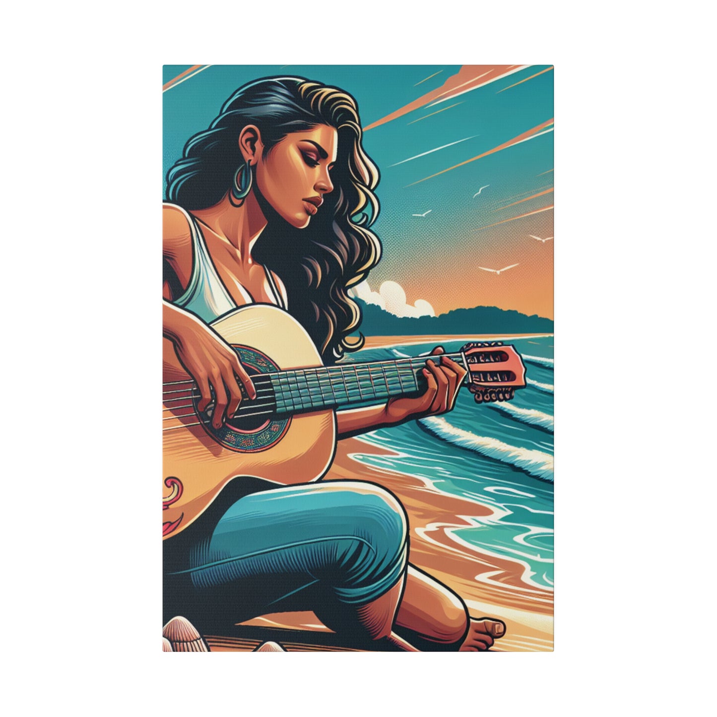 8194M - music art work, musician gift ideas, sunset background, sunset designs, ocean art work, beach art work, guitar art work, guitar player