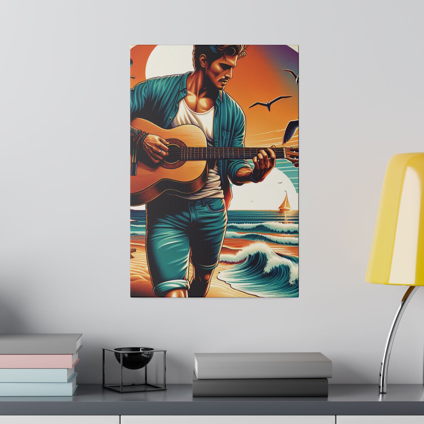 5372K - music art work, musician gift ideas, sunset background, sunset designs, ocean art work, beach art work, guitar art work, guitar player