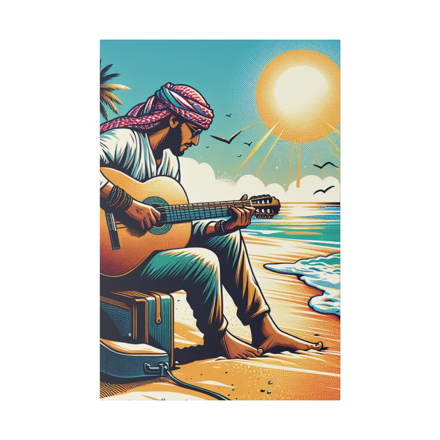 7492B - music art work, musician gift ideas, sunset background, sunset designs, ocean art work, beach art work, guitar art work, guitar player