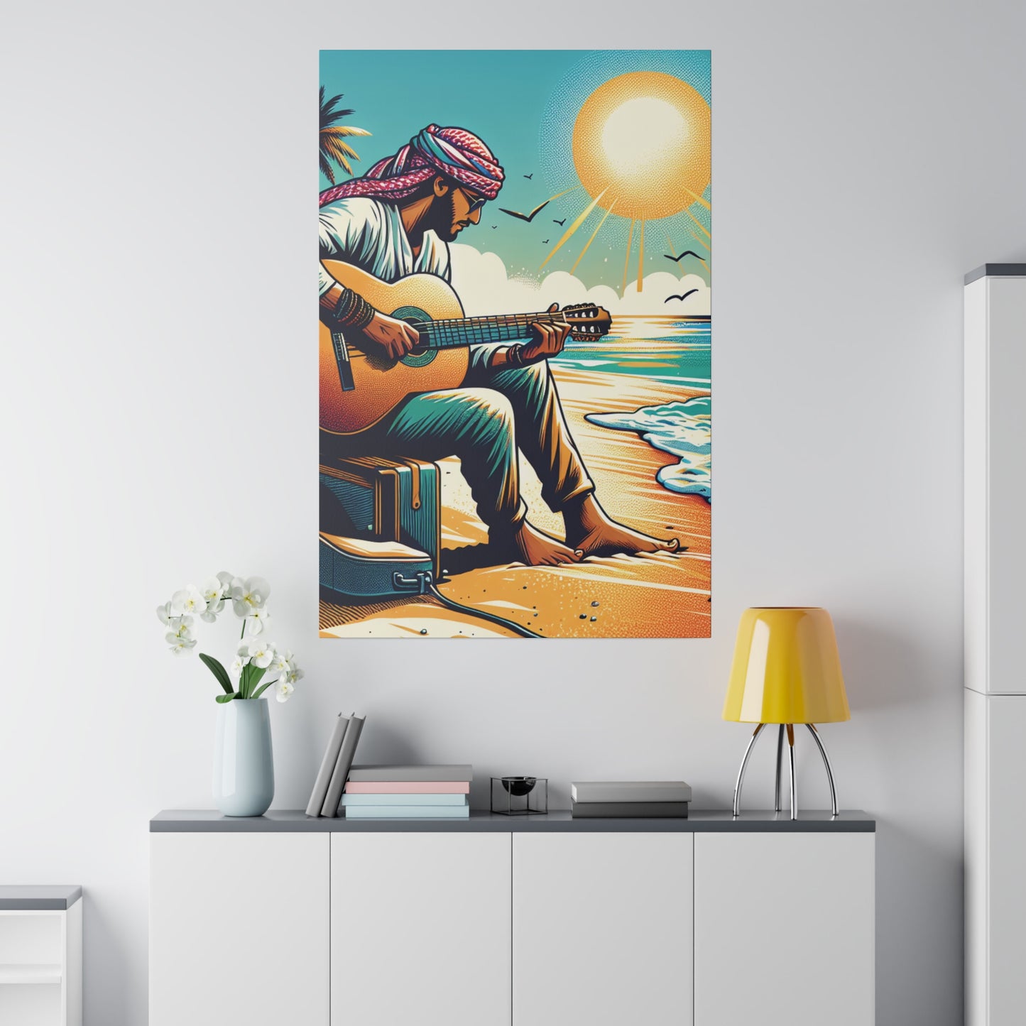 7492B - music art work, musician gift ideas, sunset background, sunset designs, ocean art work, beach art work, guitar art work, guitar player