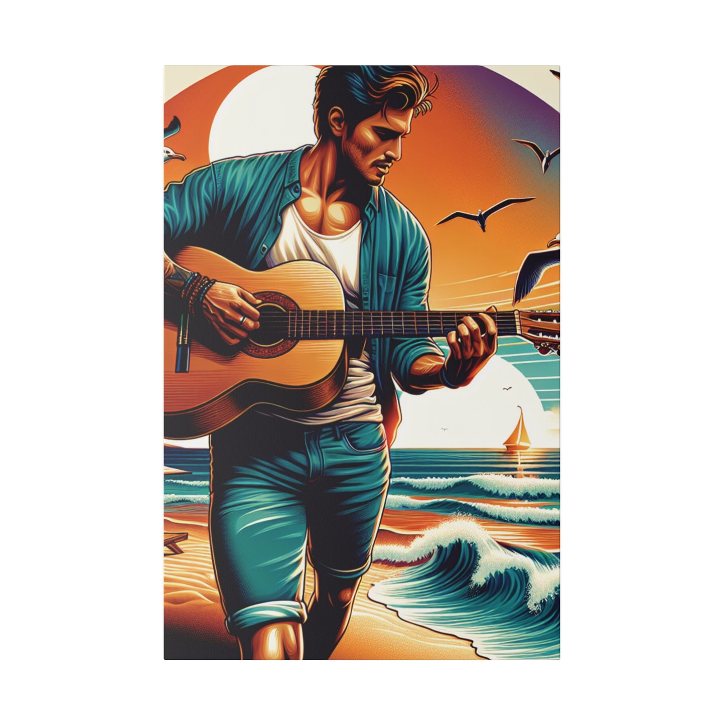 5372K - music art work, musician gift ideas, sunset background, sunset designs, ocean art work, beach art work, guitar art work, guitar player