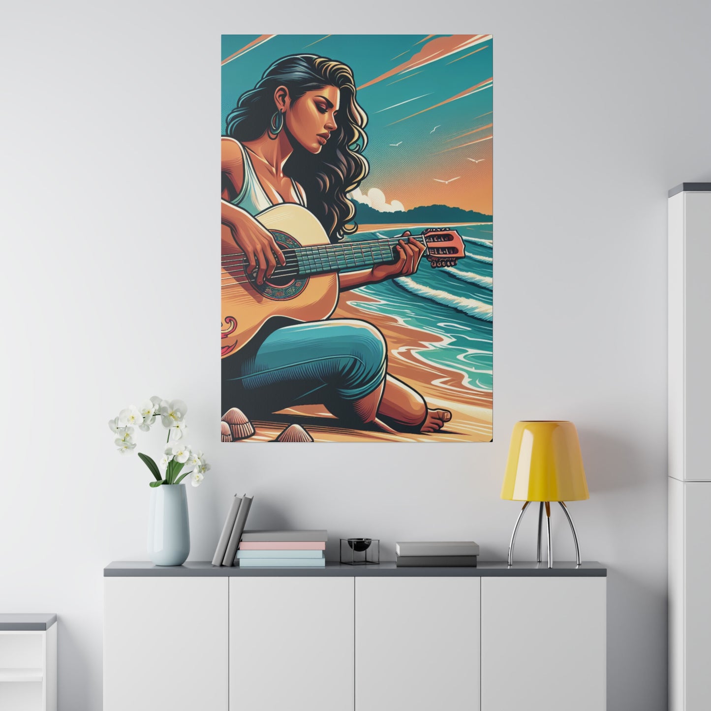 8194M - music art work, musician gift ideas, sunset background, sunset designs, ocean art work, beach art work, guitar art work, guitar player