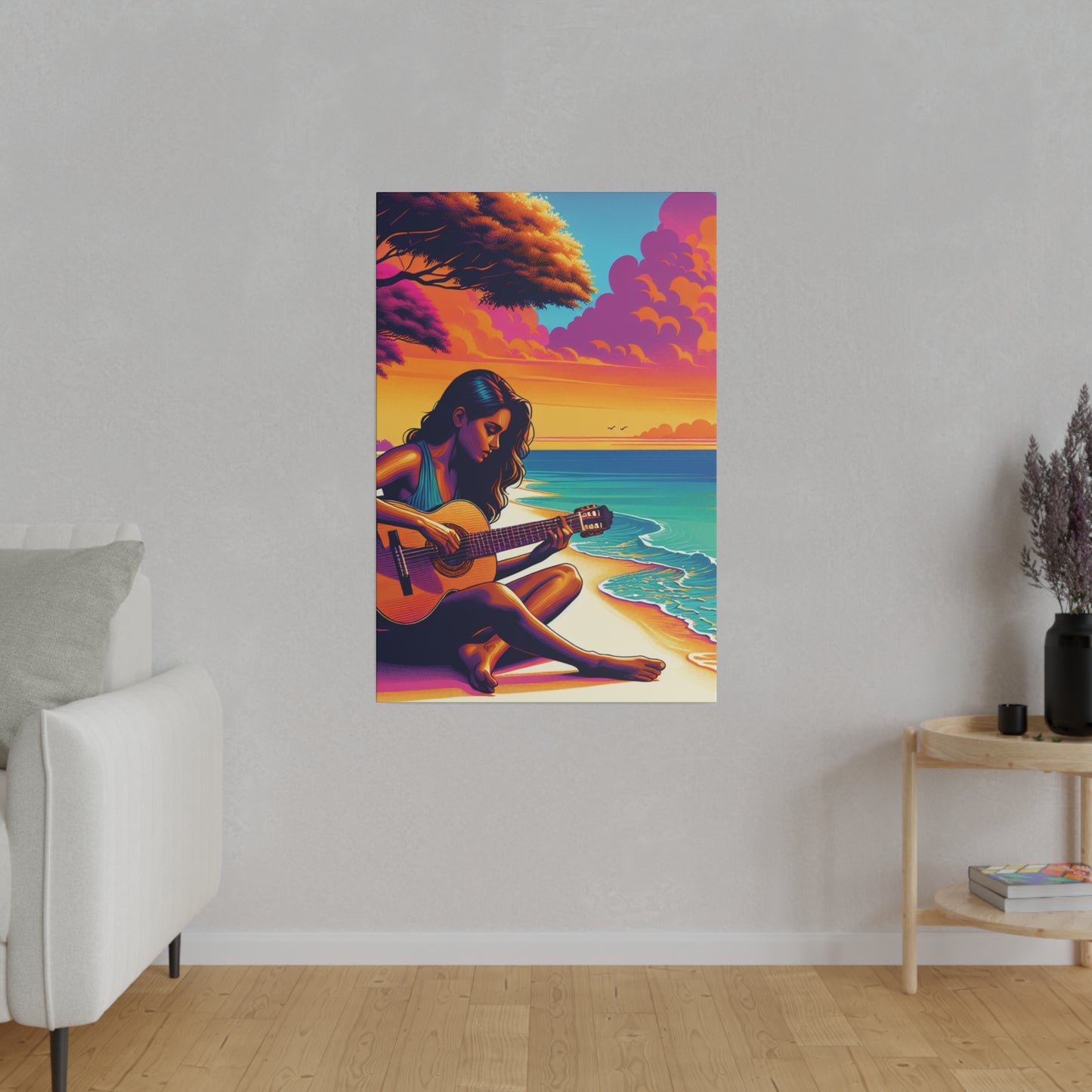 5709K - music art work, musician gift ideas, sunset background, sunset designs, ocean art work, beach art work, guitar art work, guitar player