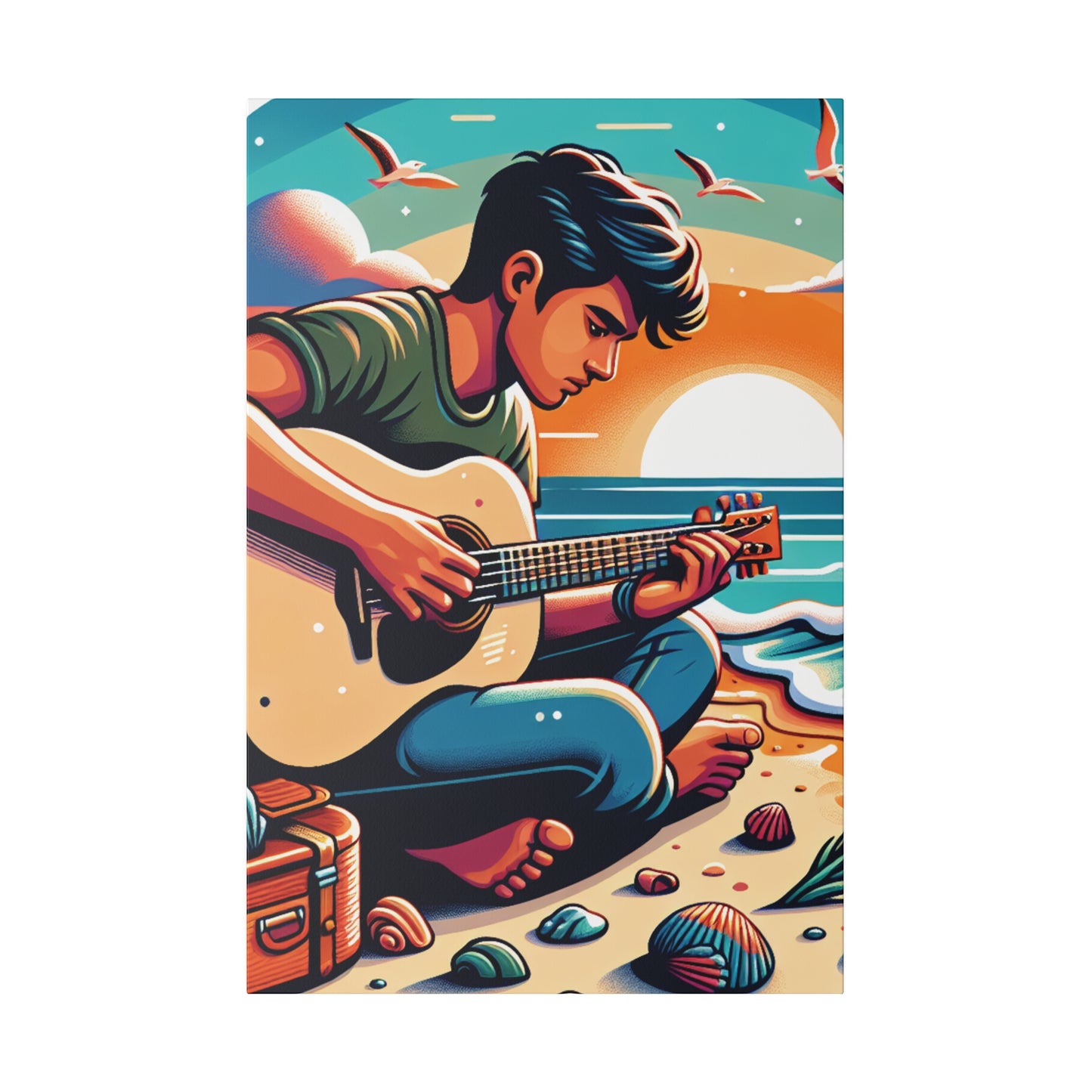 5287K - music art work, musician gift ideas, sunset background, sunset designs, ocean art work, beach art work, guitar art work, guitar player