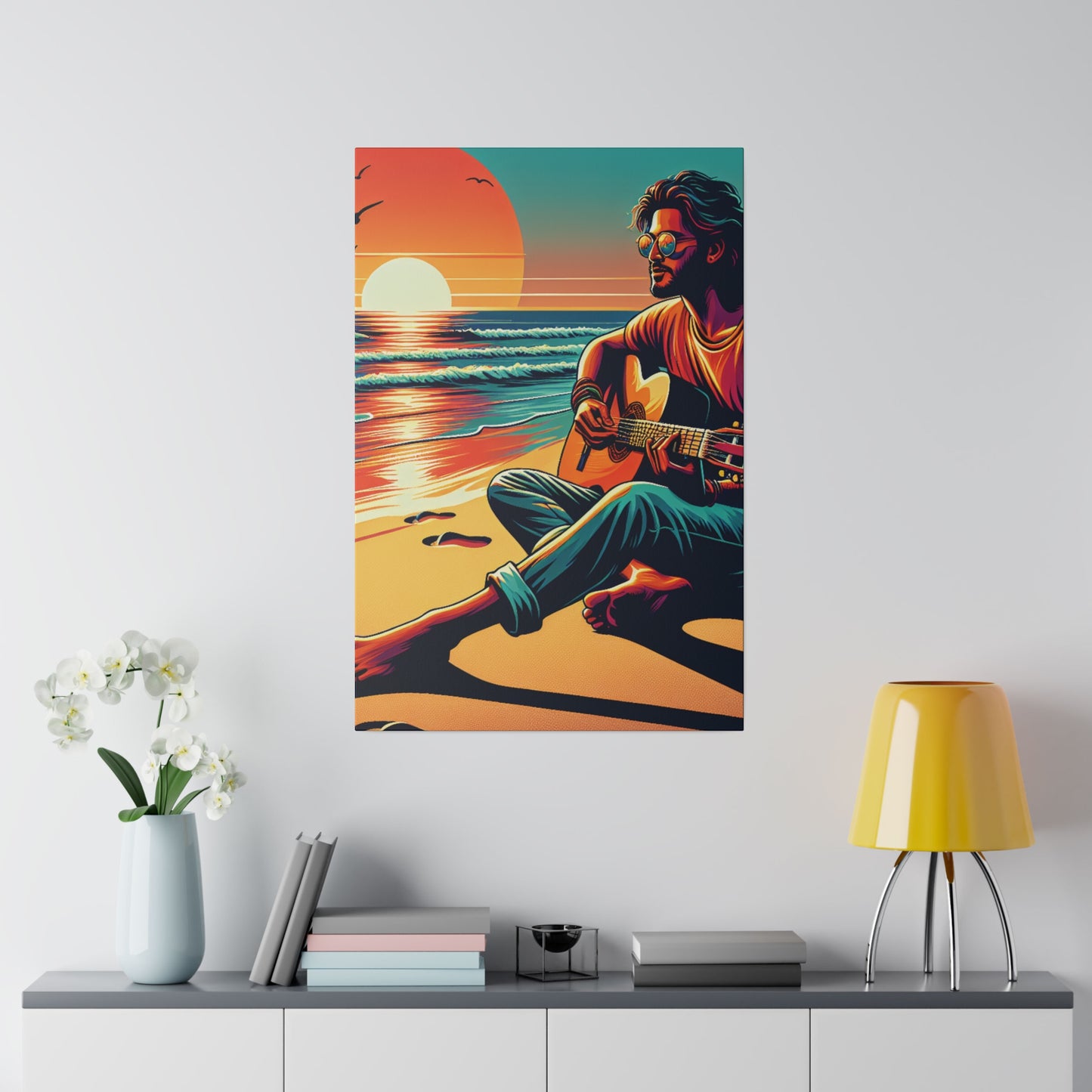 3726G - music art work, musician gift ideas, sunset background, sunset designs, ocean art work, beach art work, guitar art work, guitar player