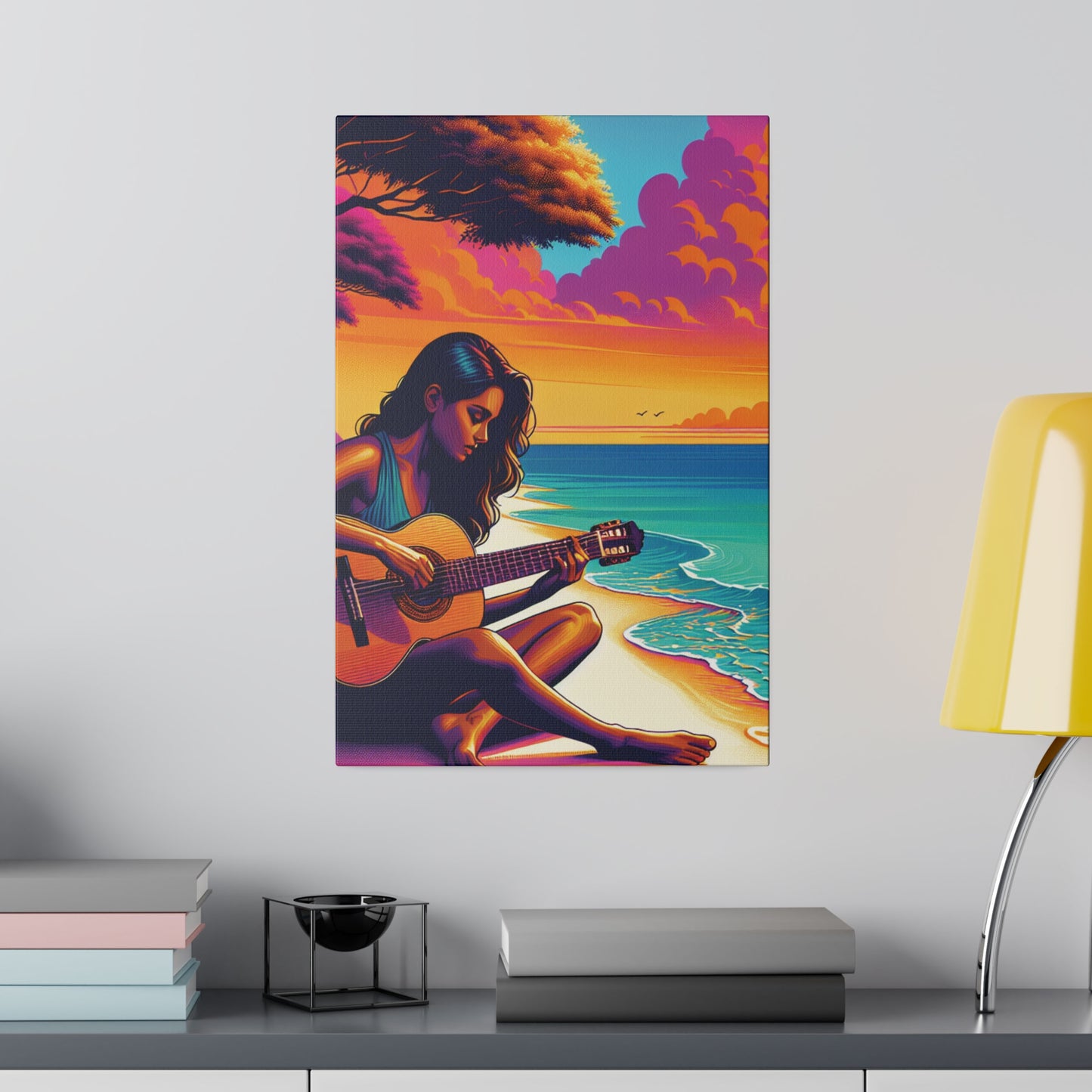 5709K - music art work, musician gift ideas, sunset background, sunset designs, ocean art work, beach art work, guitar art work, guitar player