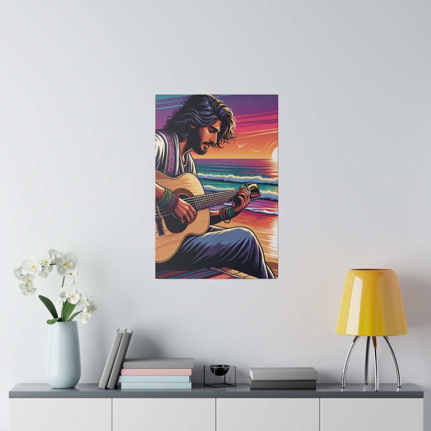 7532C - music art work, musician gift ideas, sunset background, sunset designs, ocean art work, beach art work, guitar art work, guitar player