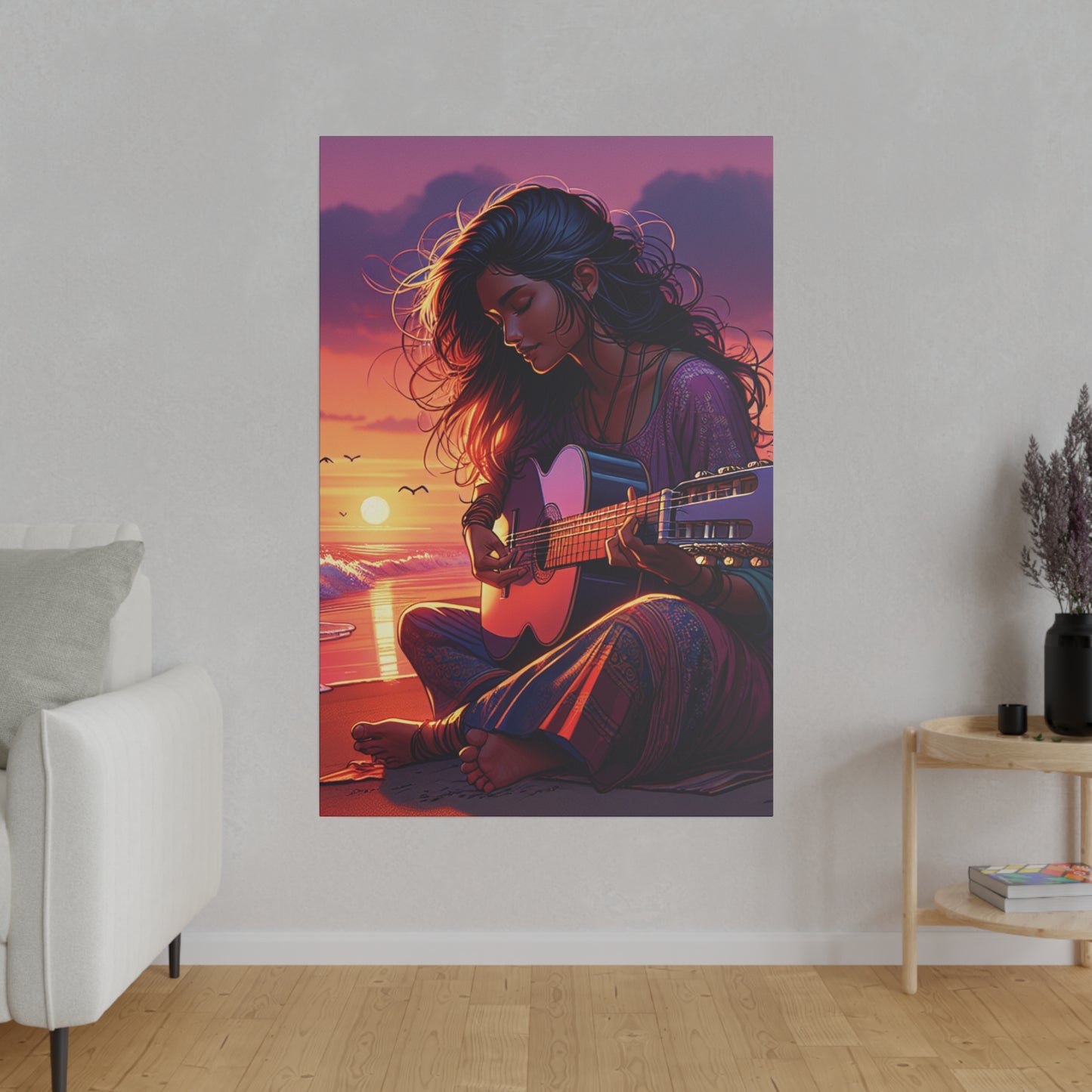 6347K - music art work, musician gift ideas, sunset background, sunset designs, ocean art work, beach art work, guitar art work, guitar player