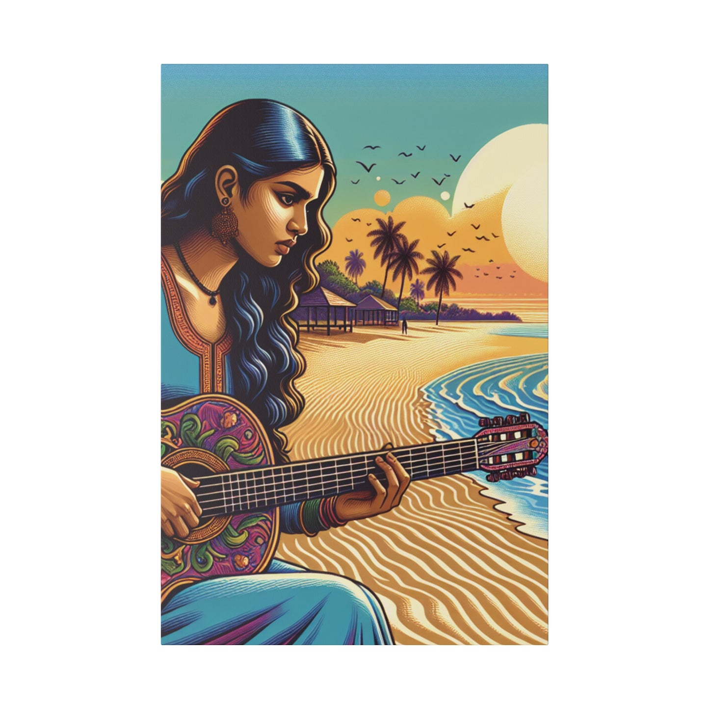 3239B - music art work, musician gift ideas, sunset background, sunset designs, ocean art work, beach art work, guitar art work, guitar player