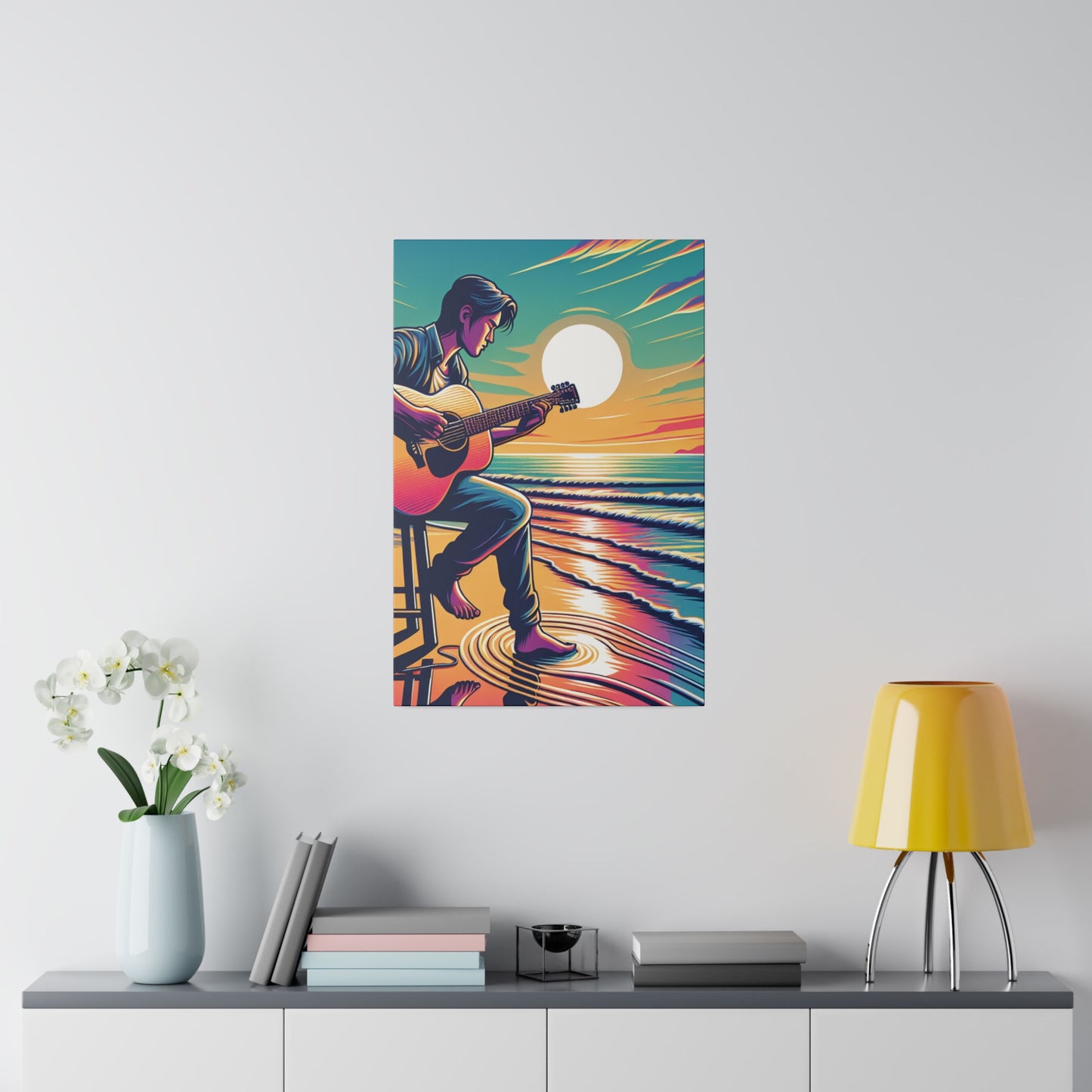 6782B - music art work, musician gift ideas, sunset background, sunset designs, ocean art work, beach art work, guitar art work, guitar player