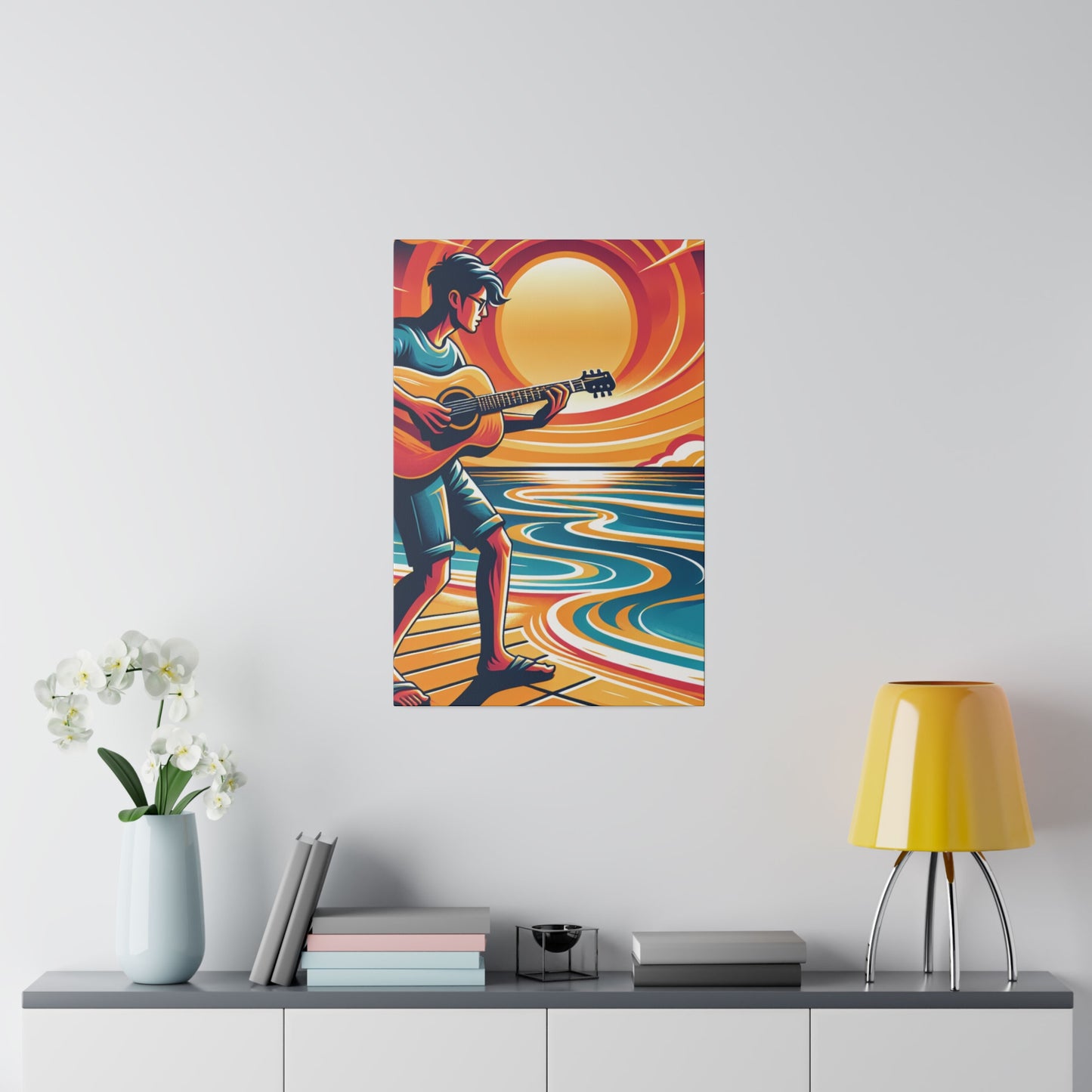 2734B - music art work, musician gift ideas, sunset background, sunset designs, ocean art work, beach art work, guitar art work, guitar player