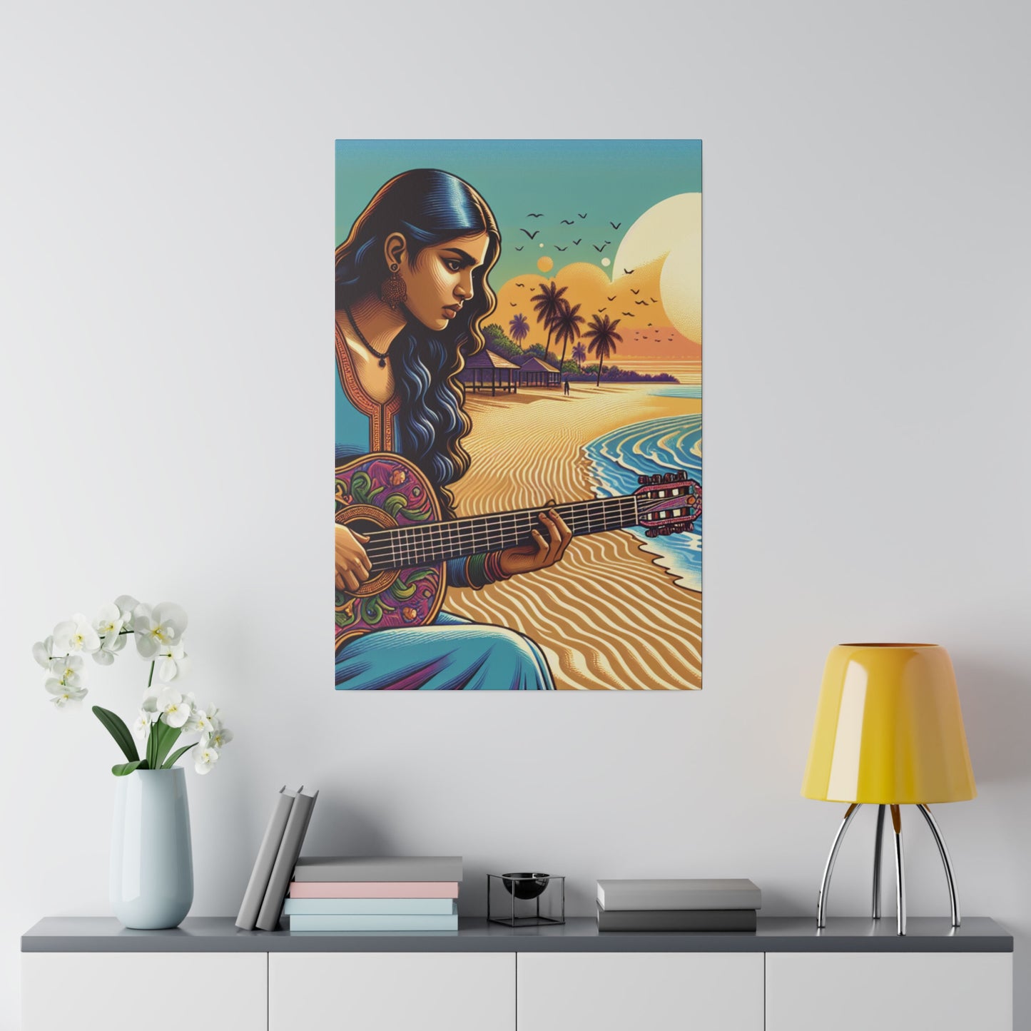 3239B - music art work, musician gift ideas, sunset background, sunset designs, ocean art work, beach art work, guitar art work, guitar player