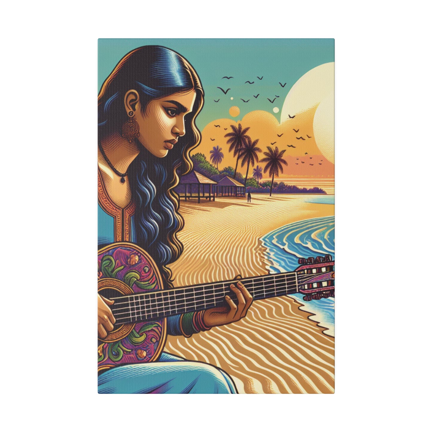 3239B - music art work, musician gift ideas, sunset background, sunset designs, ocean art work, beach art work, guitar art work, guitar player